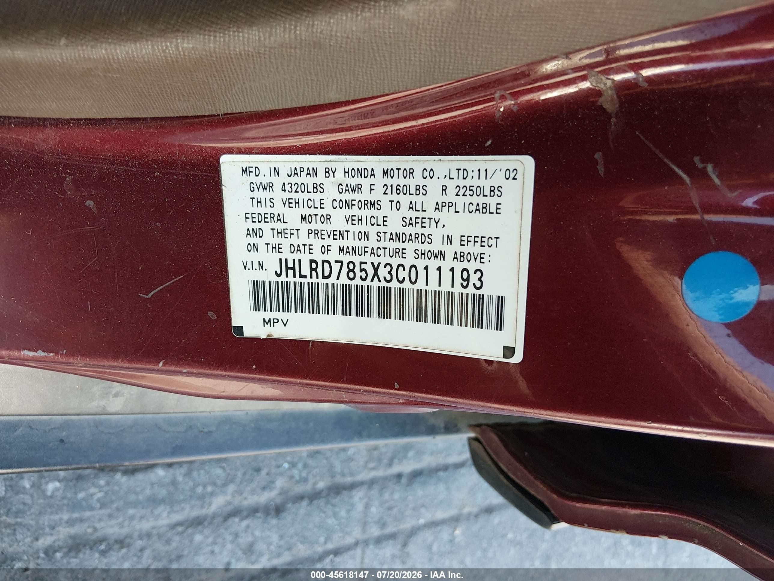 2003 Honda Cr-v Lx Burgundy vin: JHLRD785X3C011193