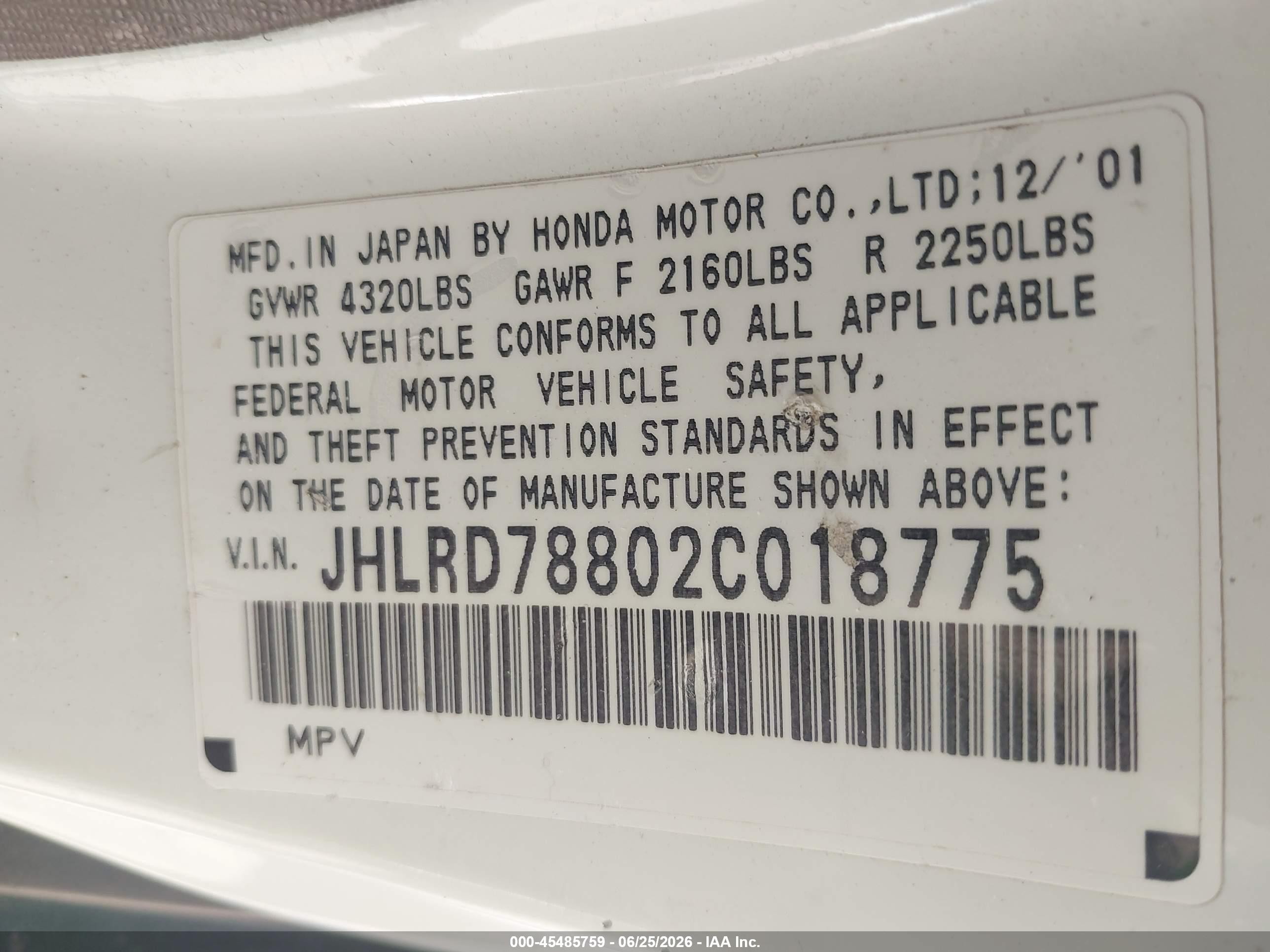 2002 Honda Cr-v Ex White vin: JHLRD78802C018775