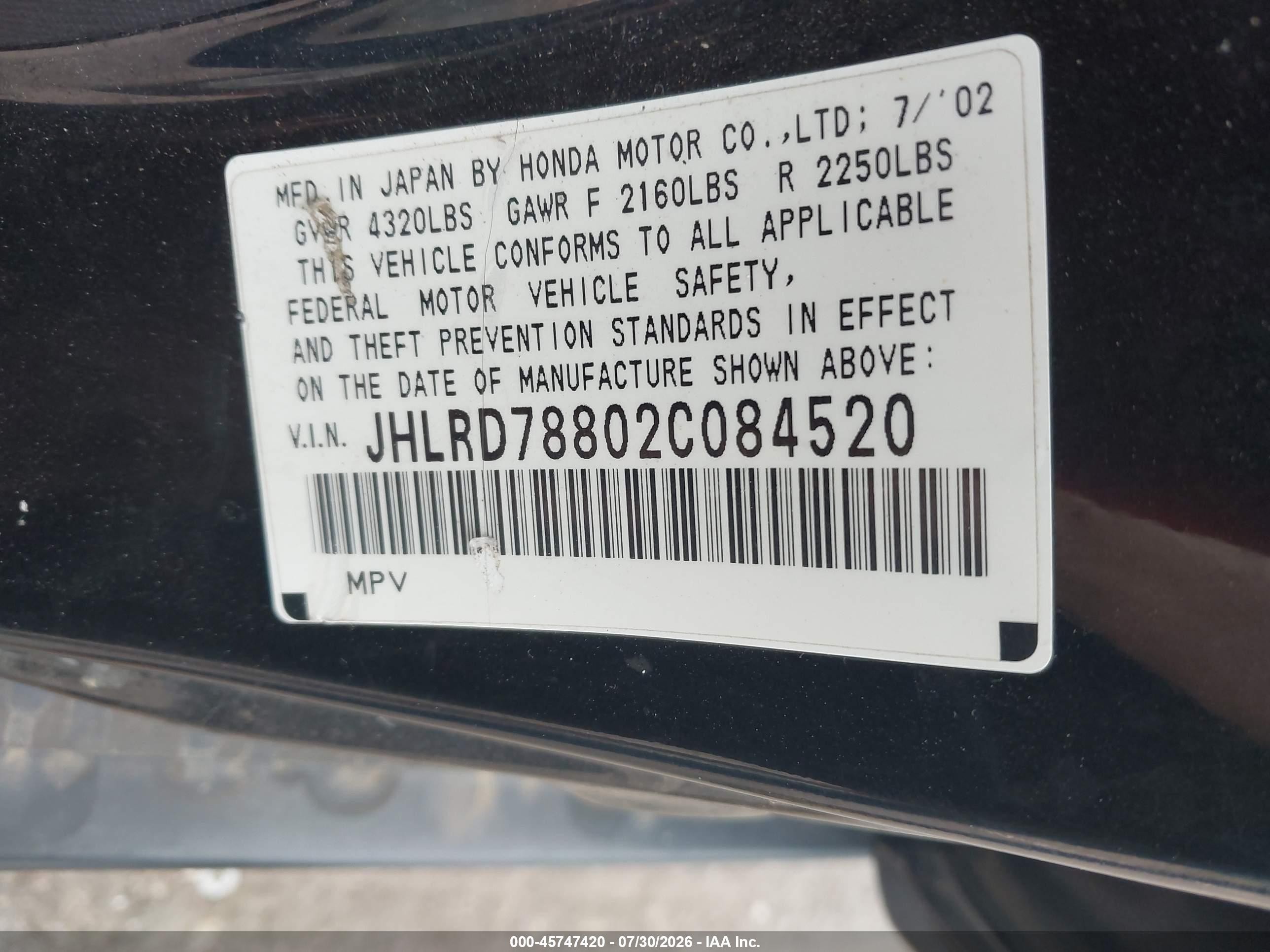 2002 Honda Cr-v Ex Black vin: JHLRD78802C084520