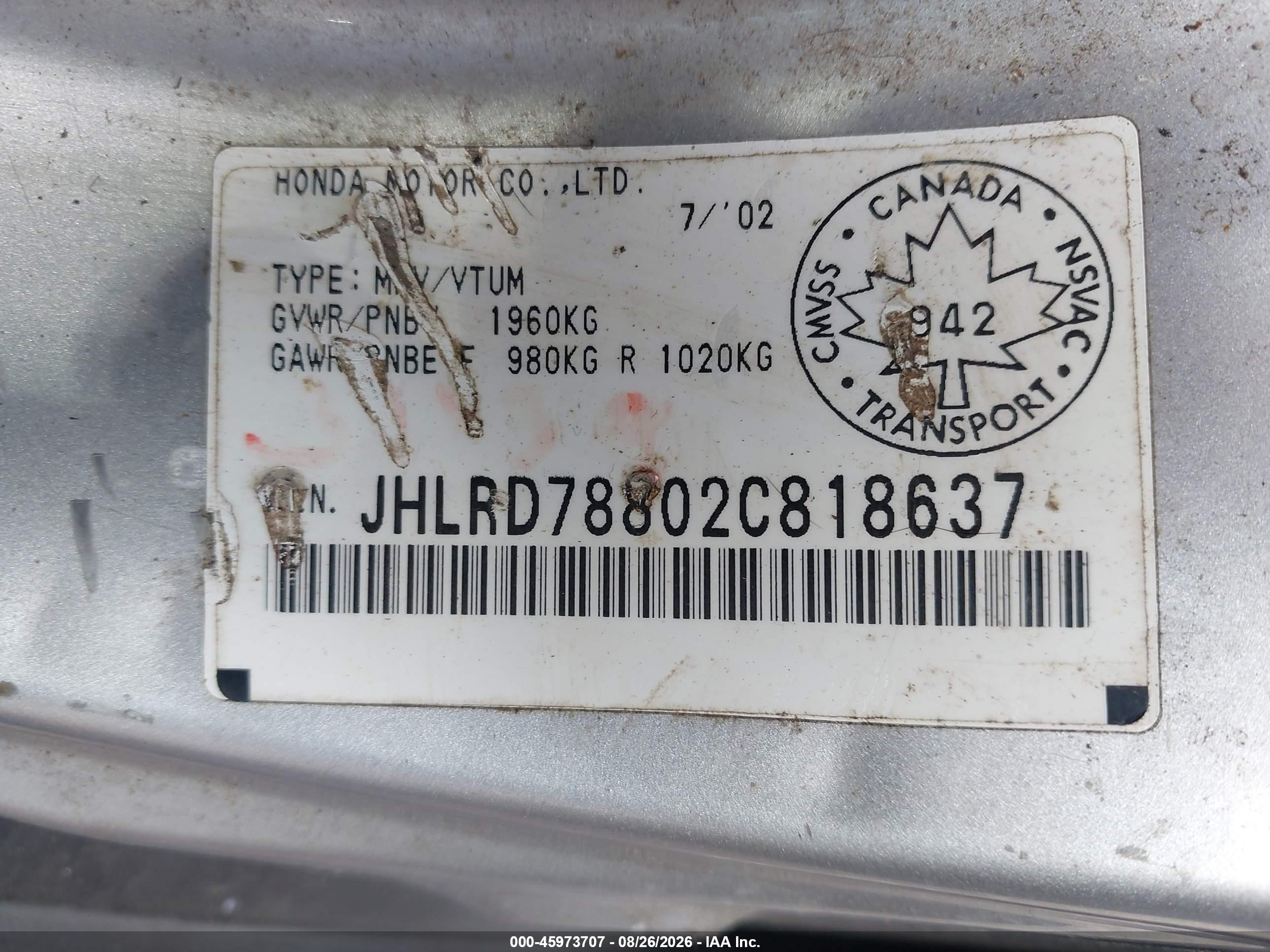 2002 Honda Cr-v Ex Серебряный vin: JHLRD78802C818637
