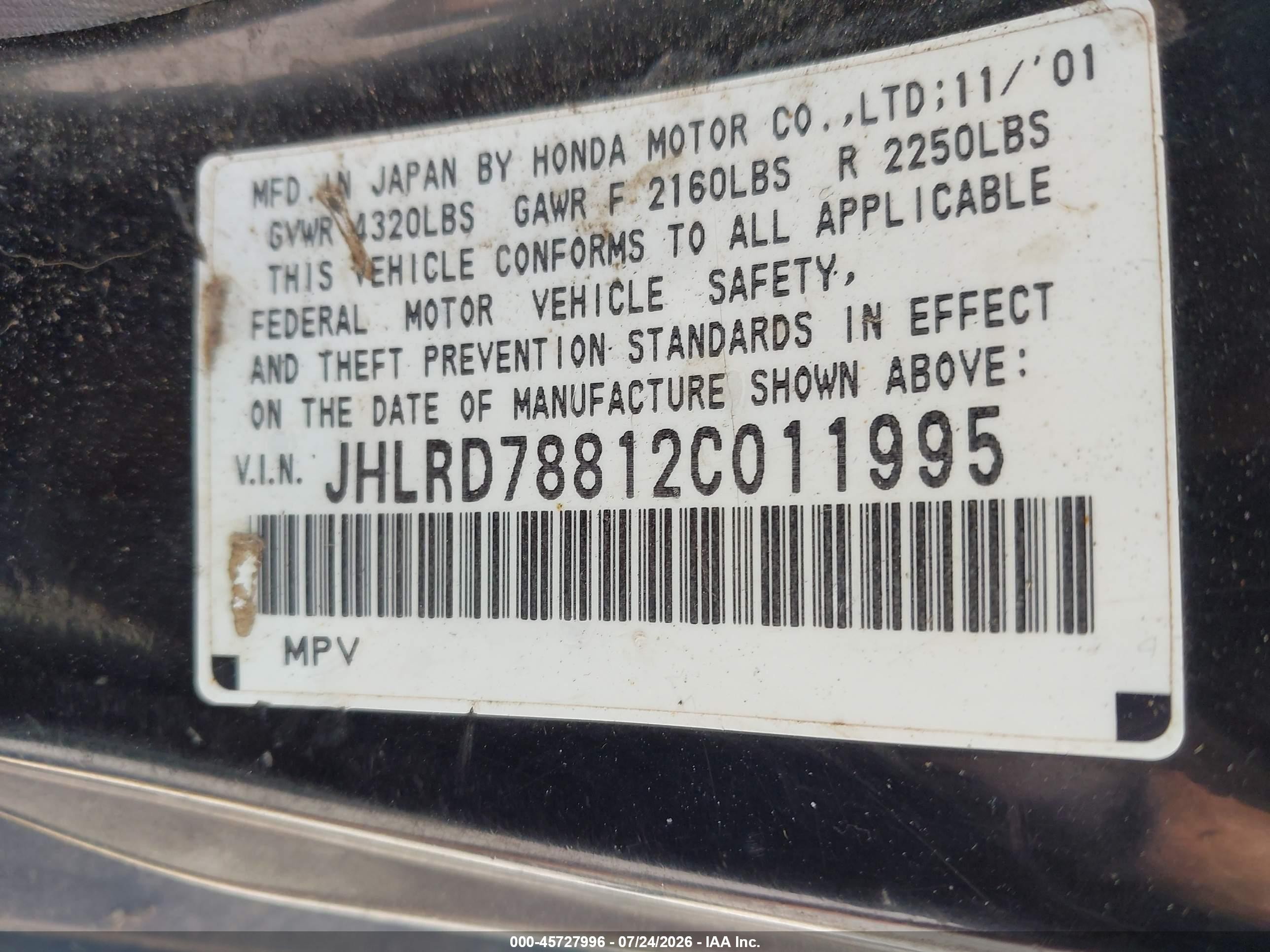 2002 Honda Cr-v Ex Black vin: JHLRD78812C011995