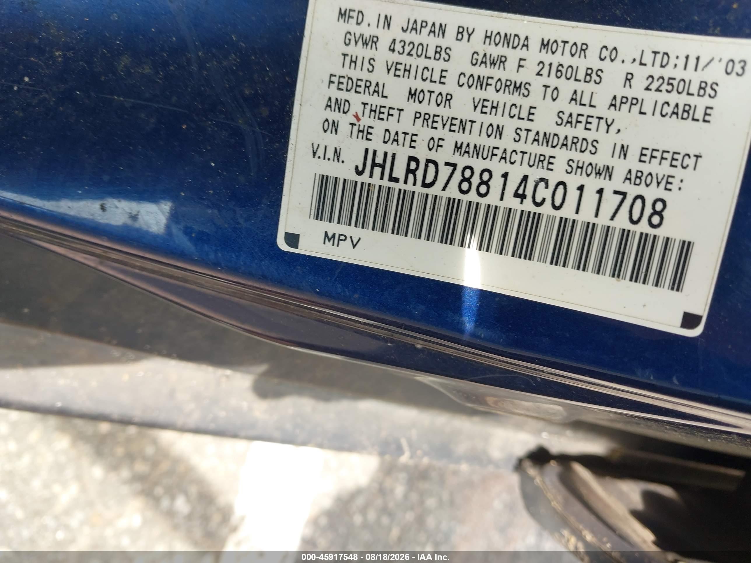 2004 Honda Cr-v Ex Blue vin: JHLRD78814C011708
