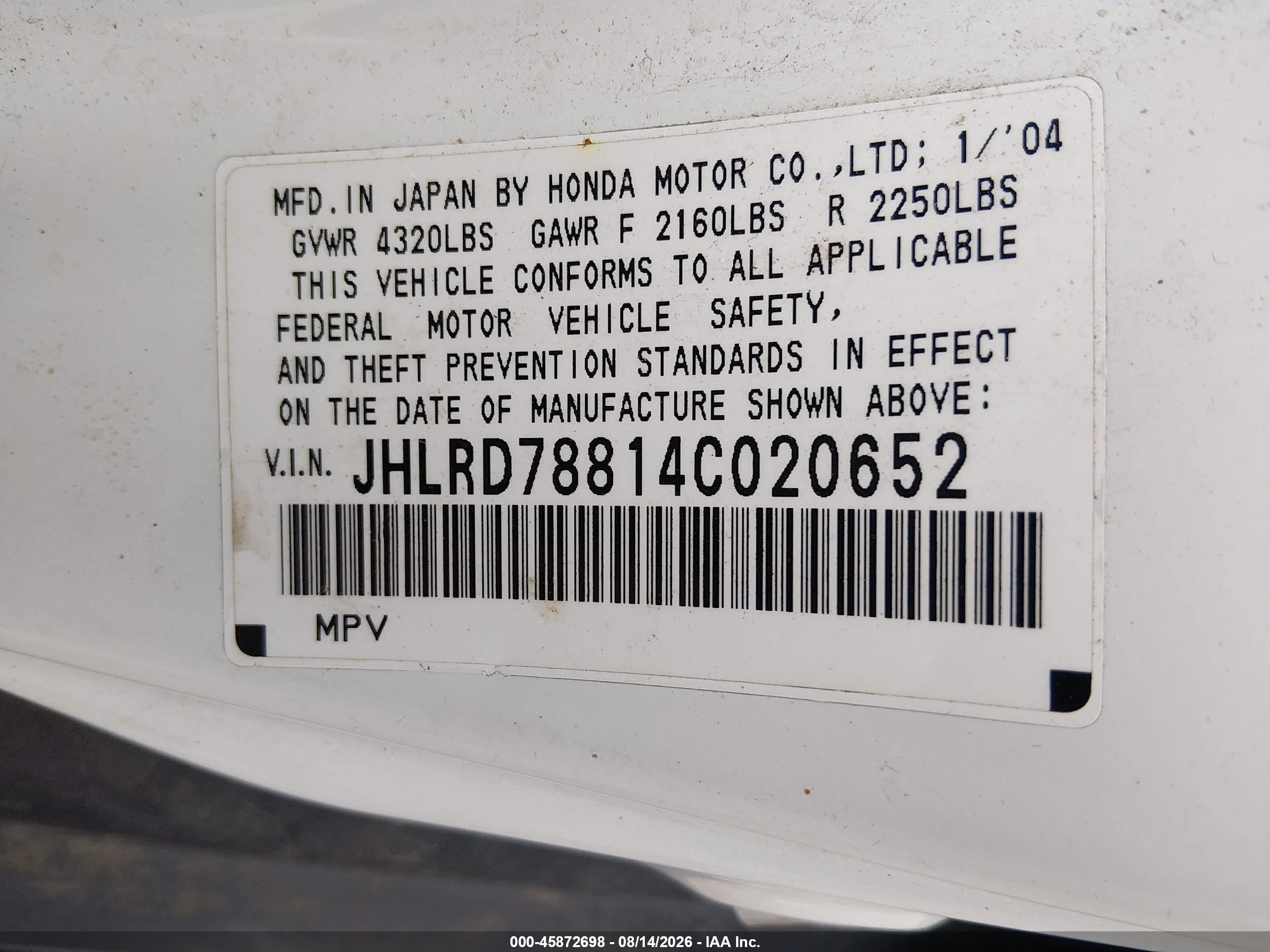 2004 Honda Cr-v Ex White vin: JHLRD78814C020652