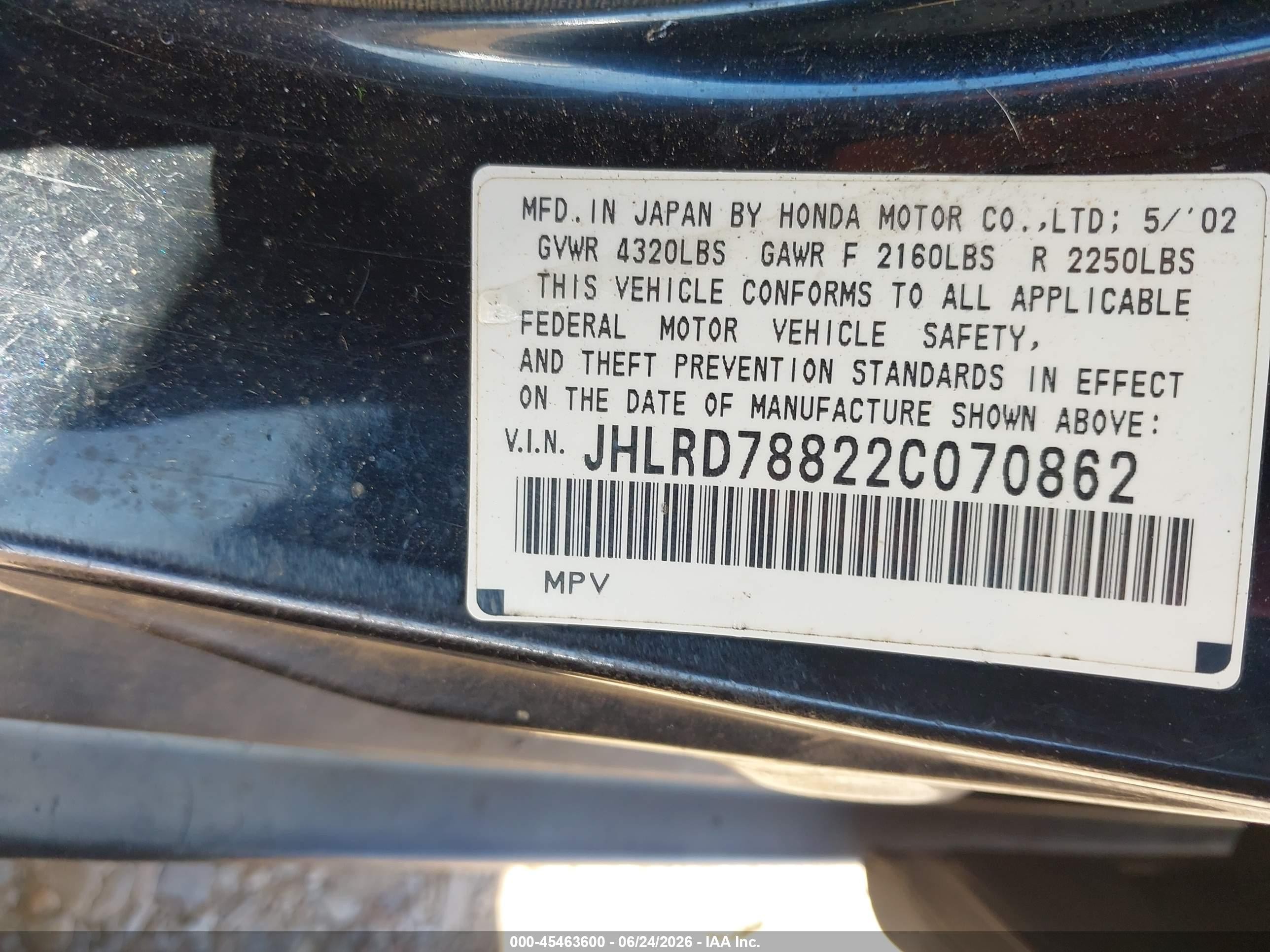 2002 Honda Cr-v Ex Black vin: JHLRD78822C070862