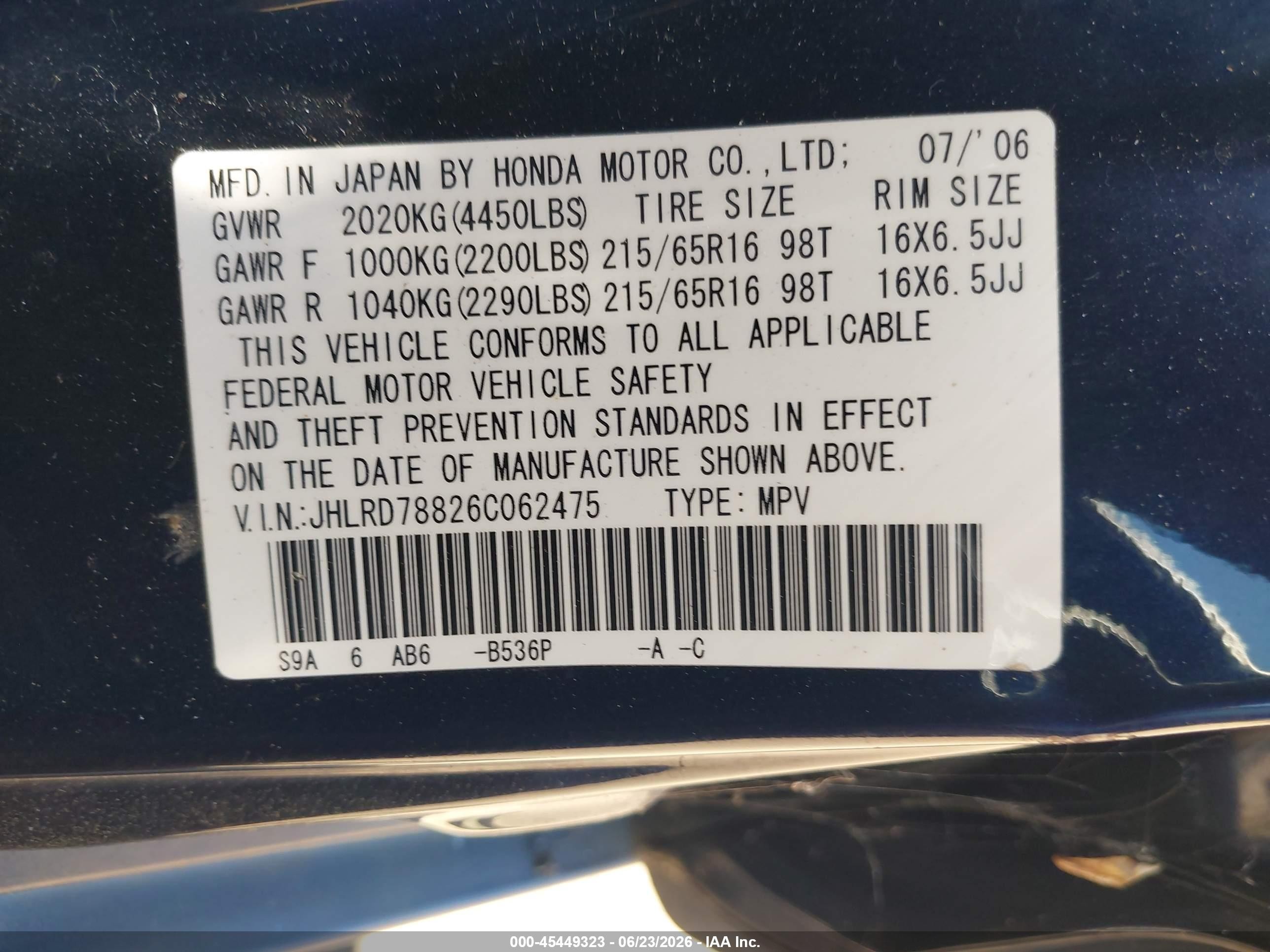 2006 Honda Cr-v Ex Blue vin: JHLRD78826C062475