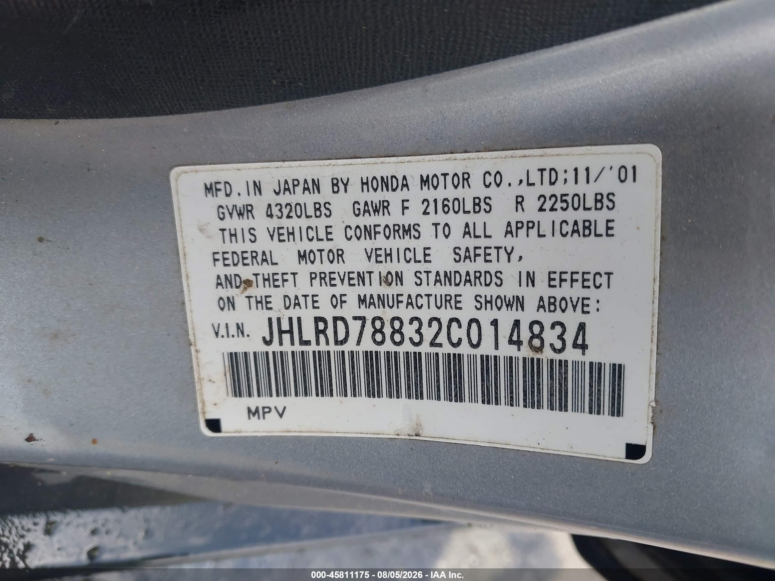 2002 Honda Cr-v Ex Silver vin: JHLRD78832C014834