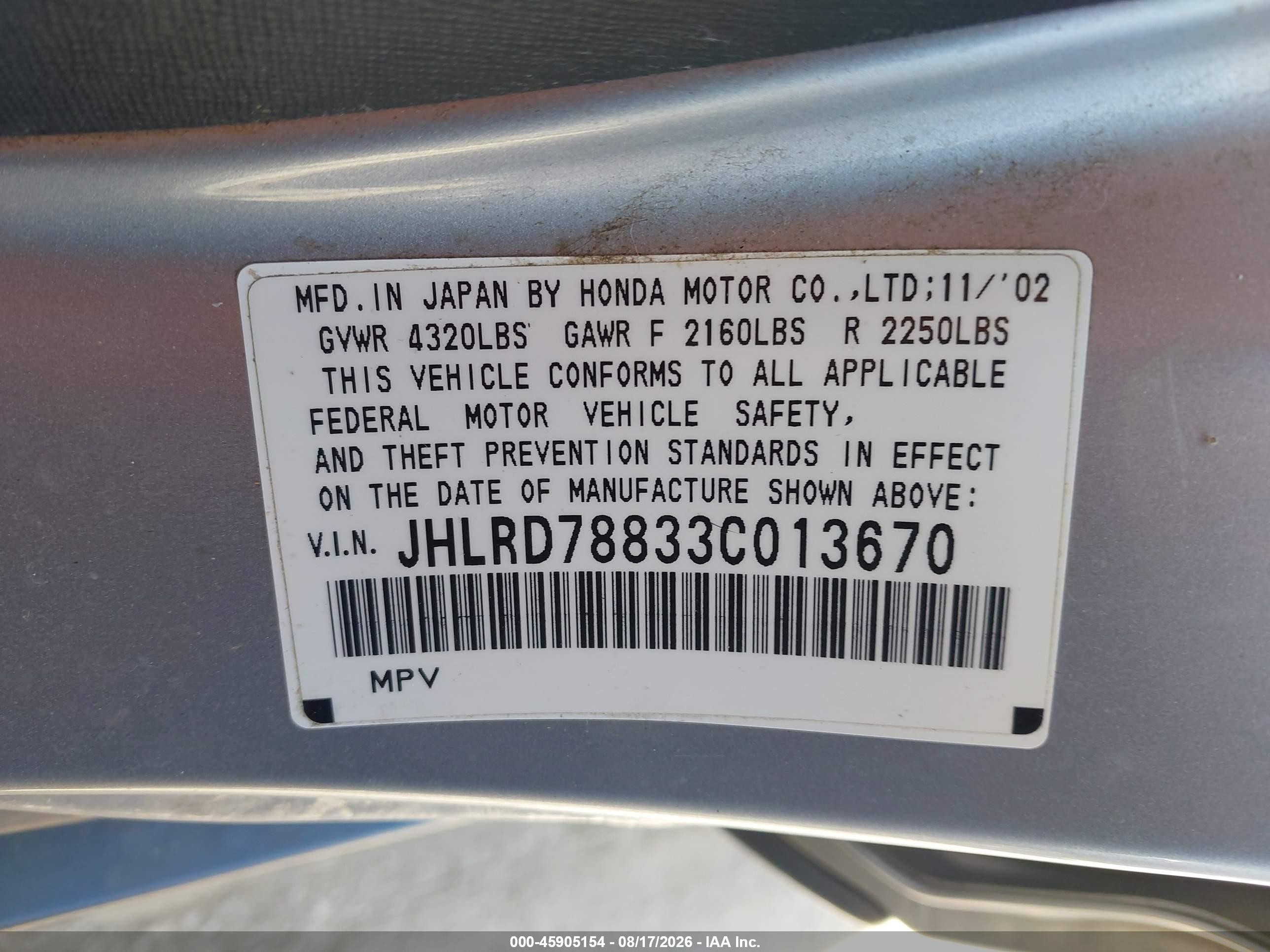 2003 Honda Cr-v Ex Silver vin: JHLRD78833C013670