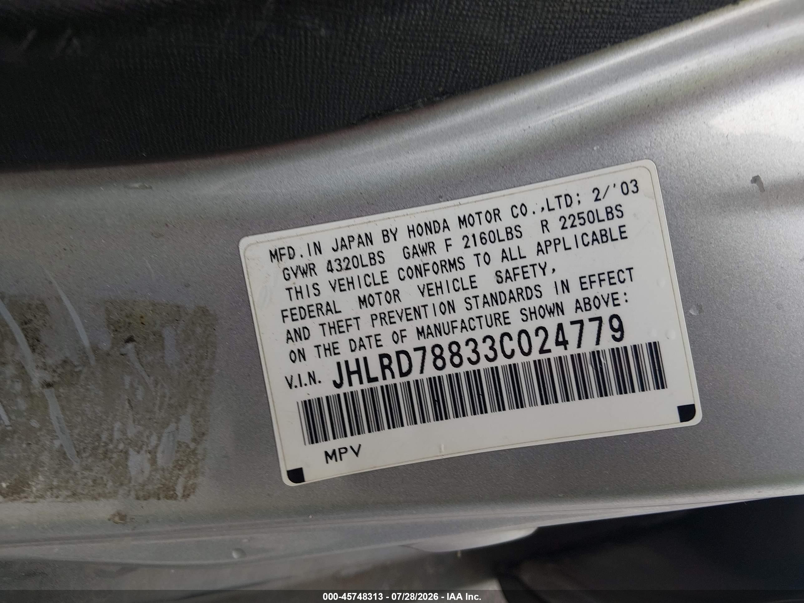 2003 Honda Cr-v Ex Silver vin: JHLRD78833C024779