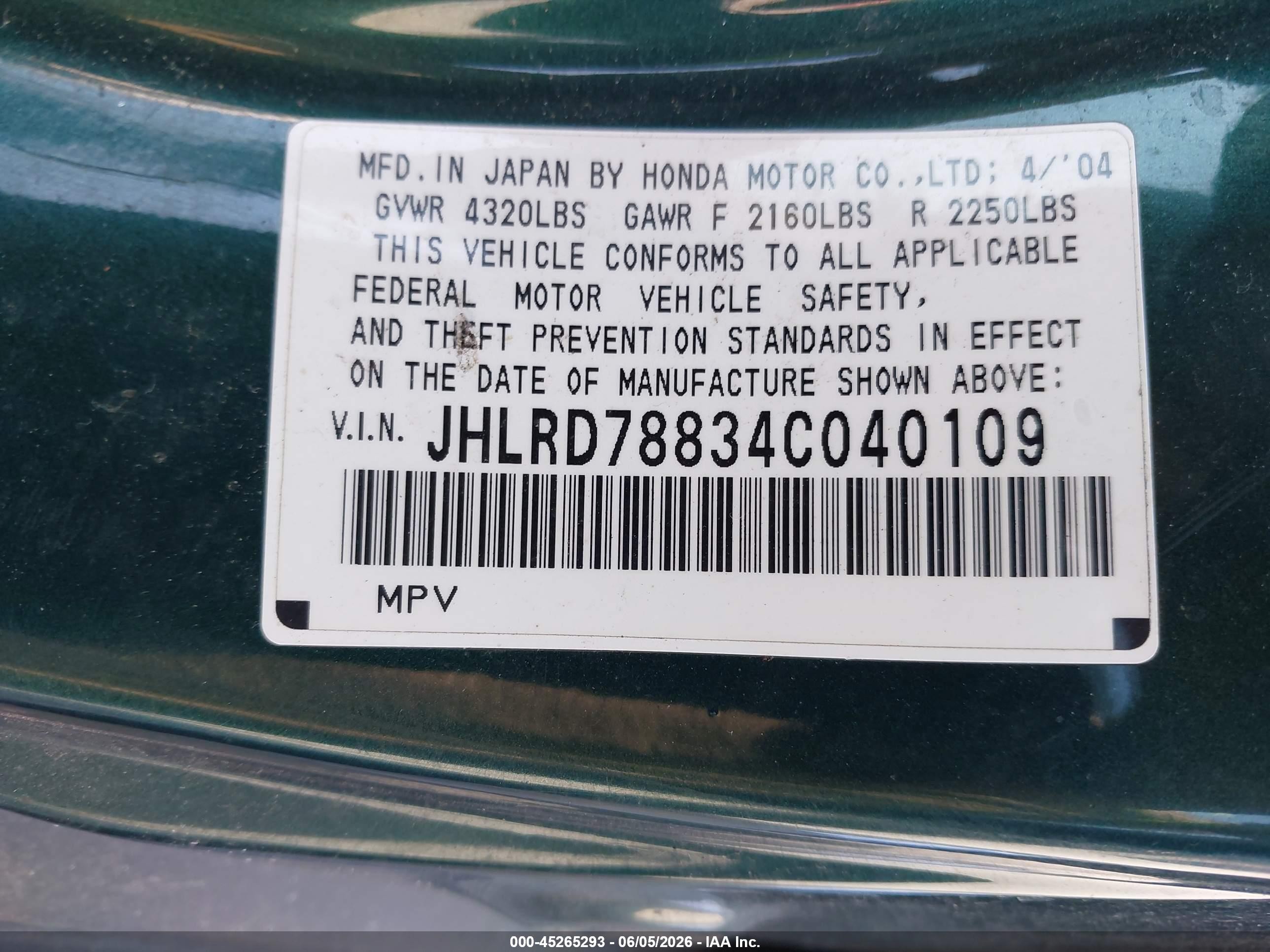2004 Honda Cr-v Ex Green vin: JHLRD78834C040109