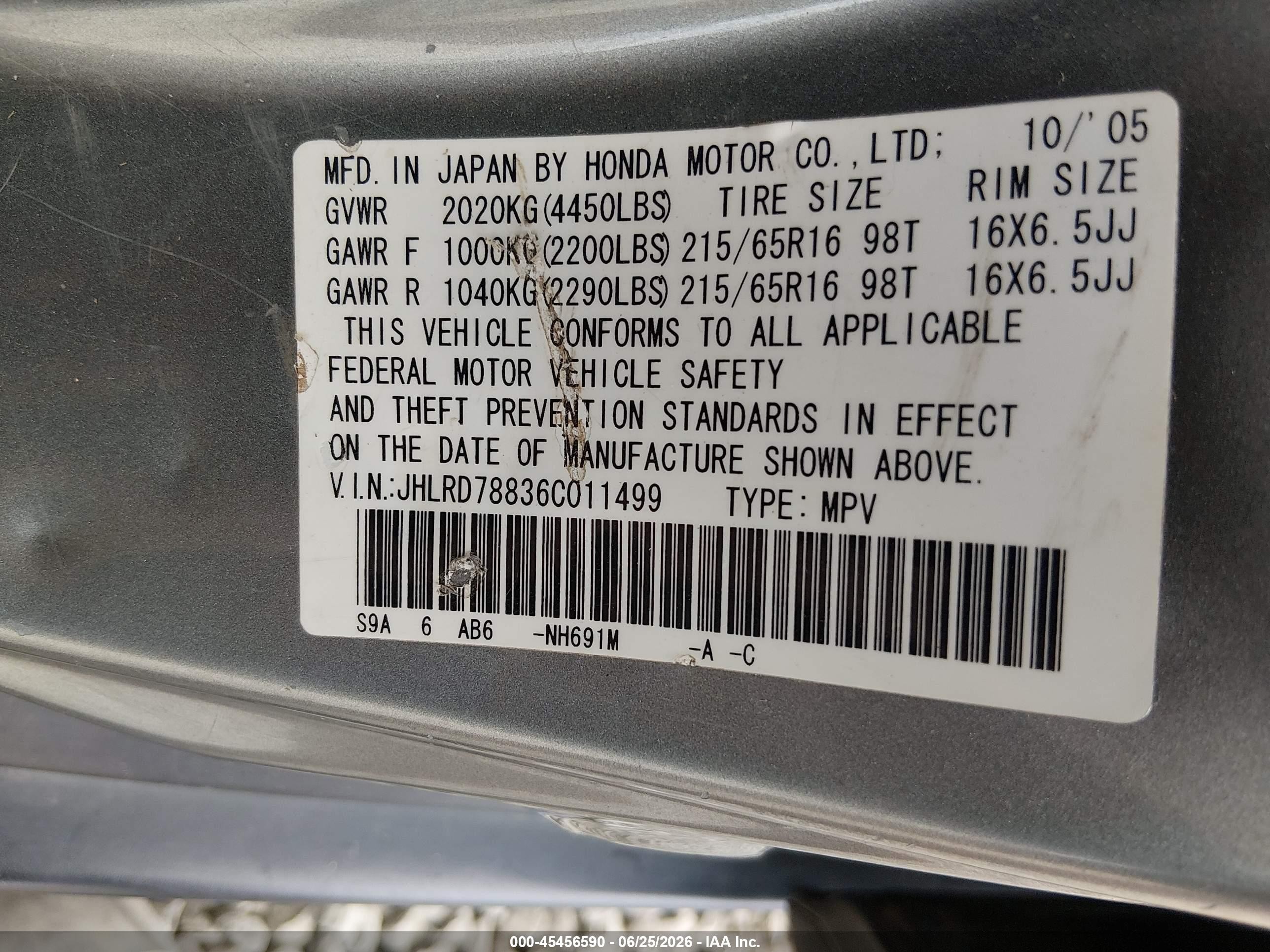2006 Honda Cr-v Ex Green vin: JHLRD78836C011499