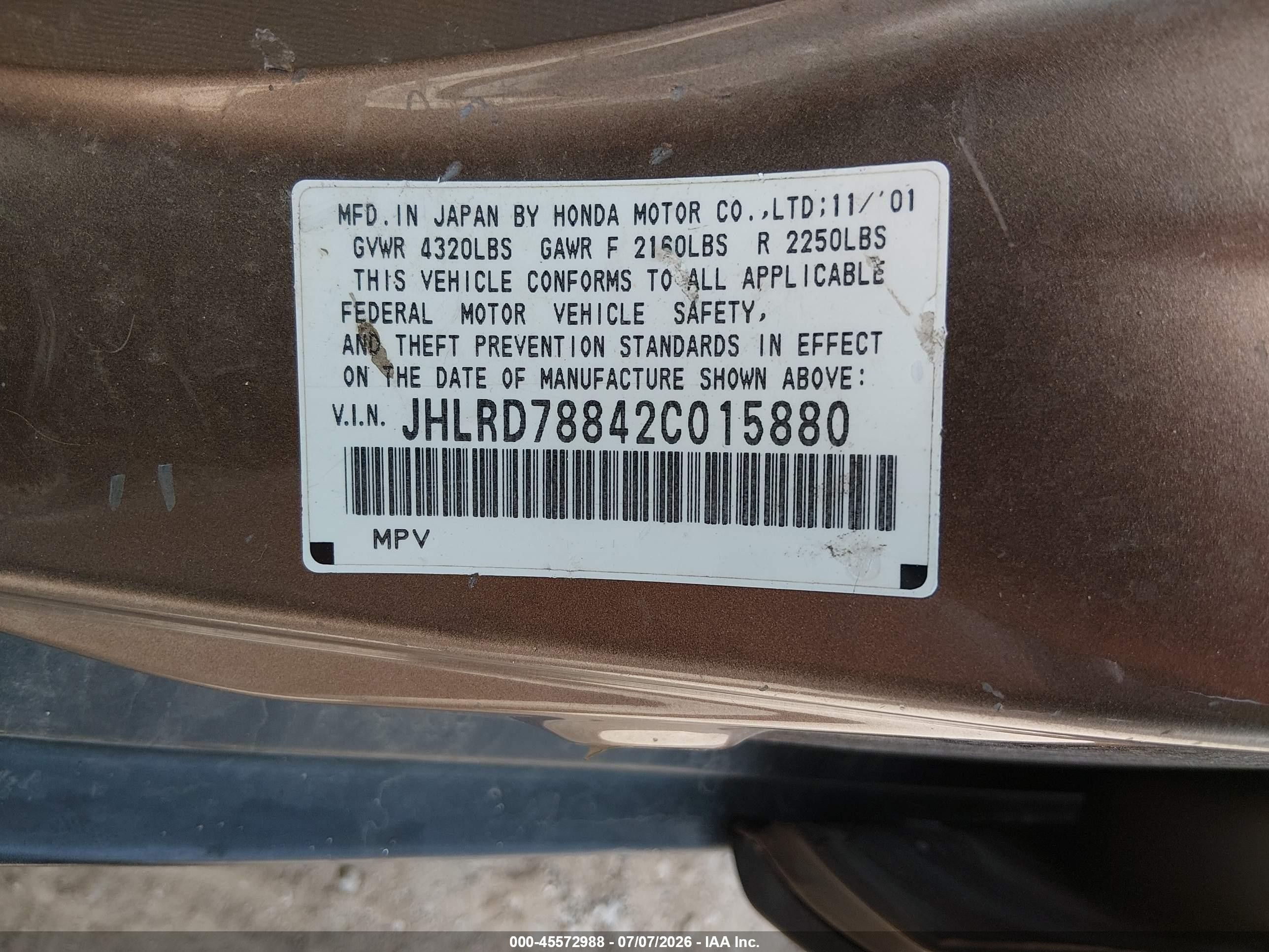 2002 Honda Cr-v Ex Tan vin: JHLRD78842C015880