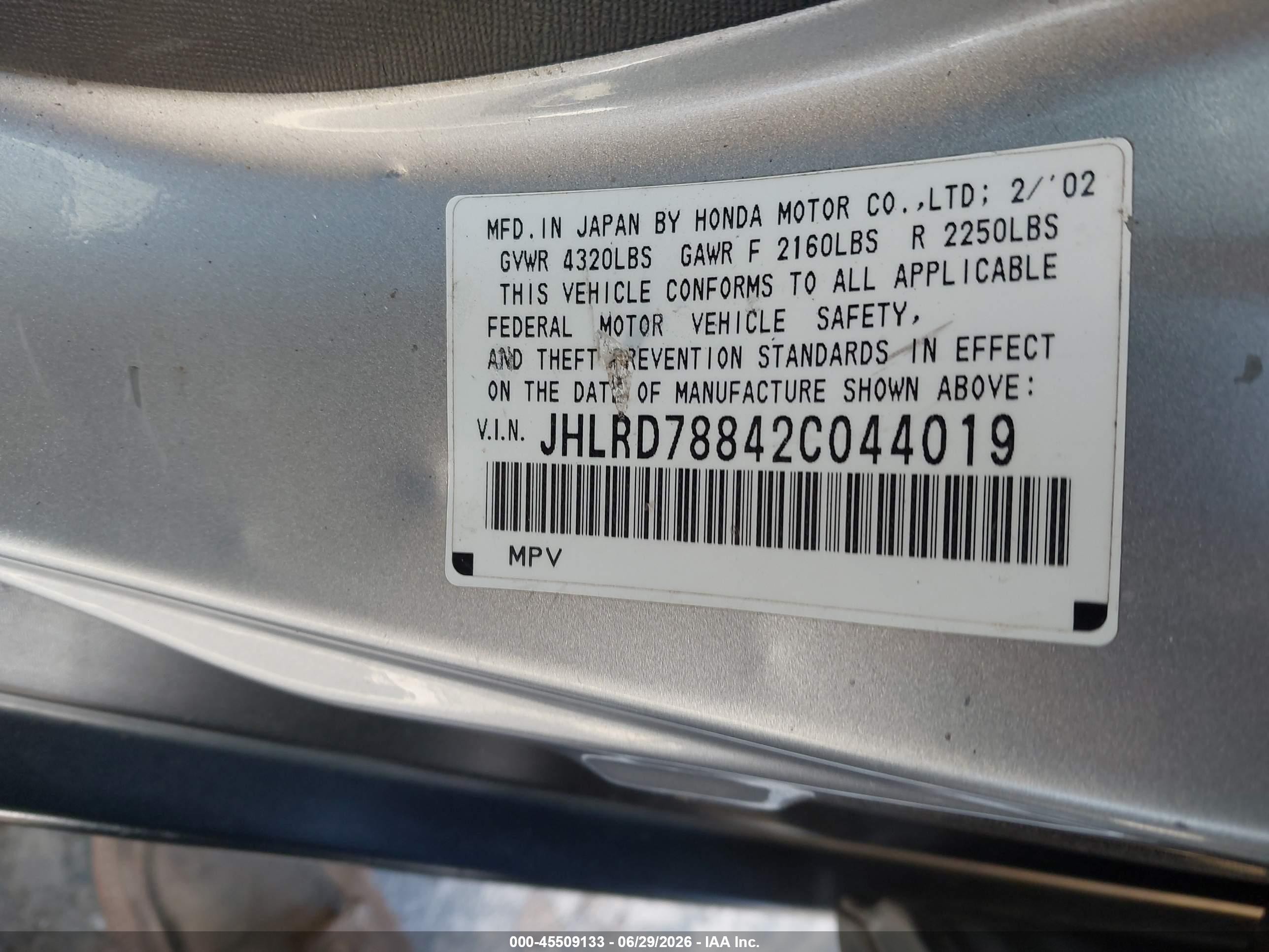 2002 Honda Cr-v Ex Silver vin: JHLRD78842C044019