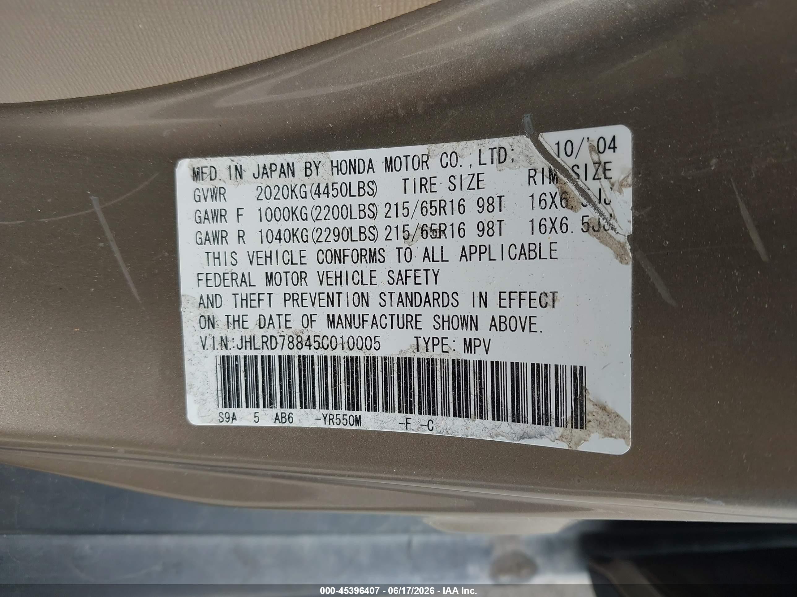 2005 Honda Cr-v Ex Champagne vin: JHLRD78845C010005