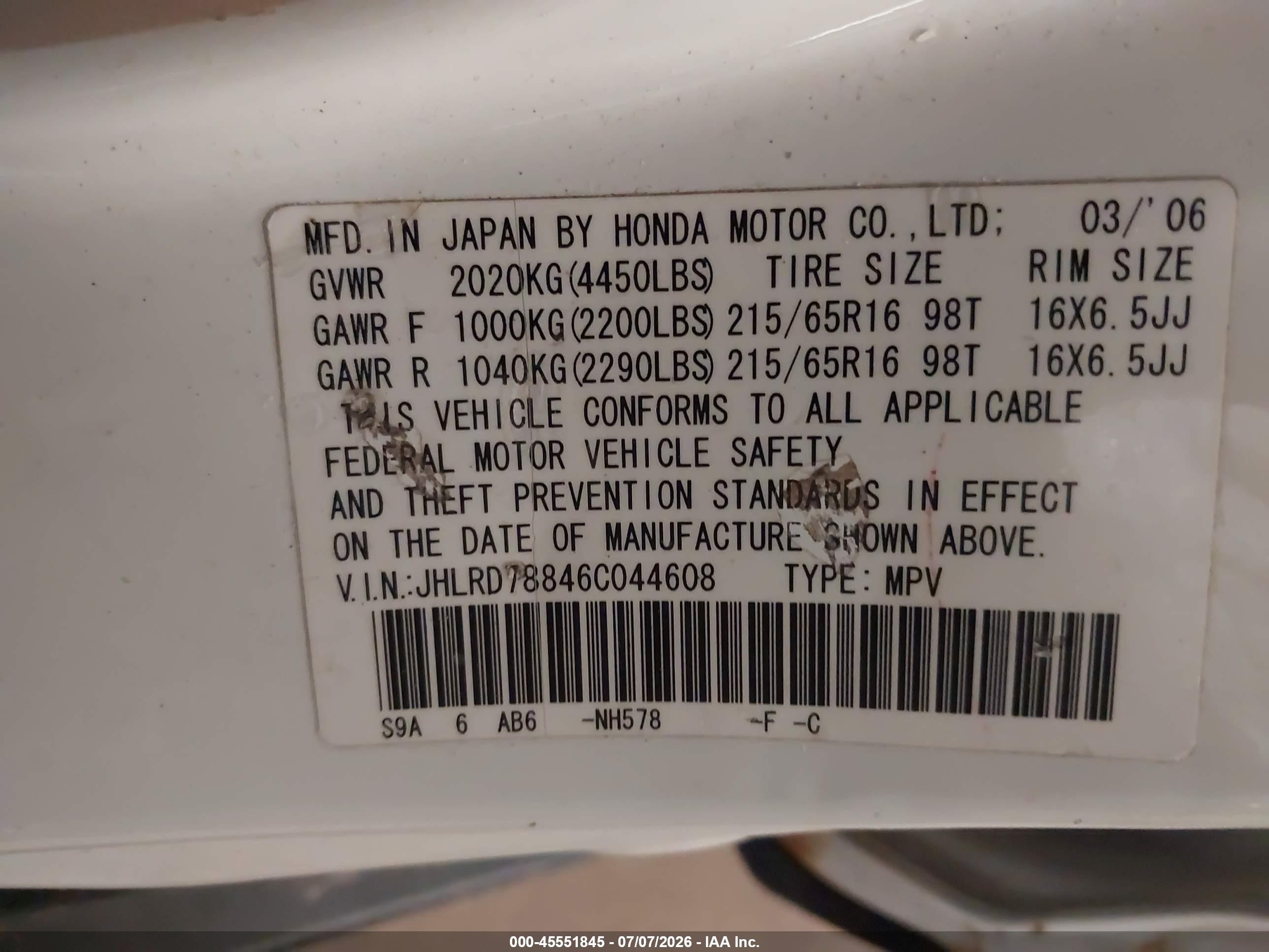 2006 Honda Cr-v Ex White vin: JHLRD78846C044608