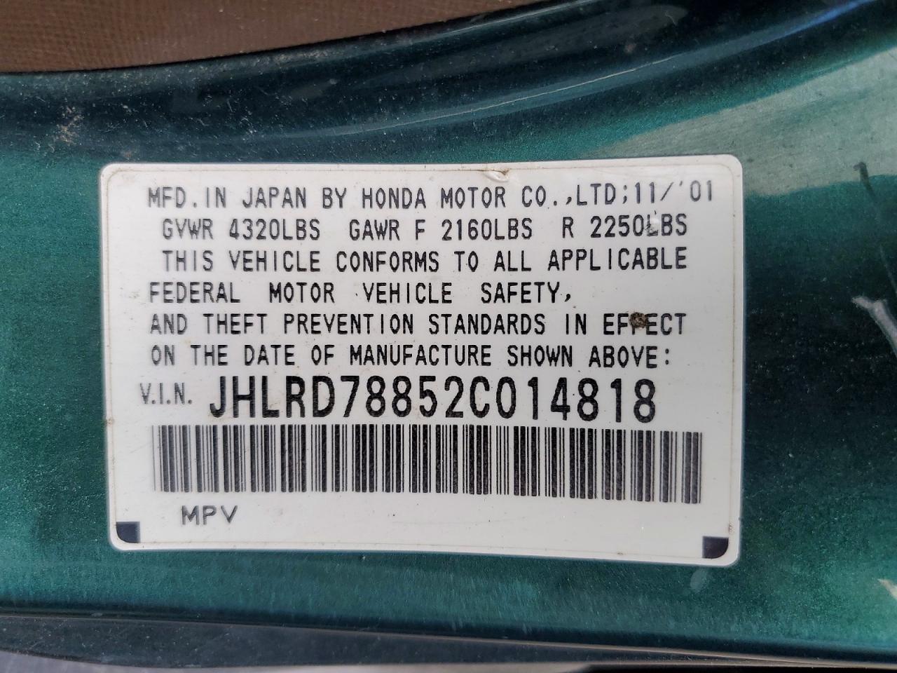 2002 Honda Cr-v Ex Green vin: JHLRD78852C014818