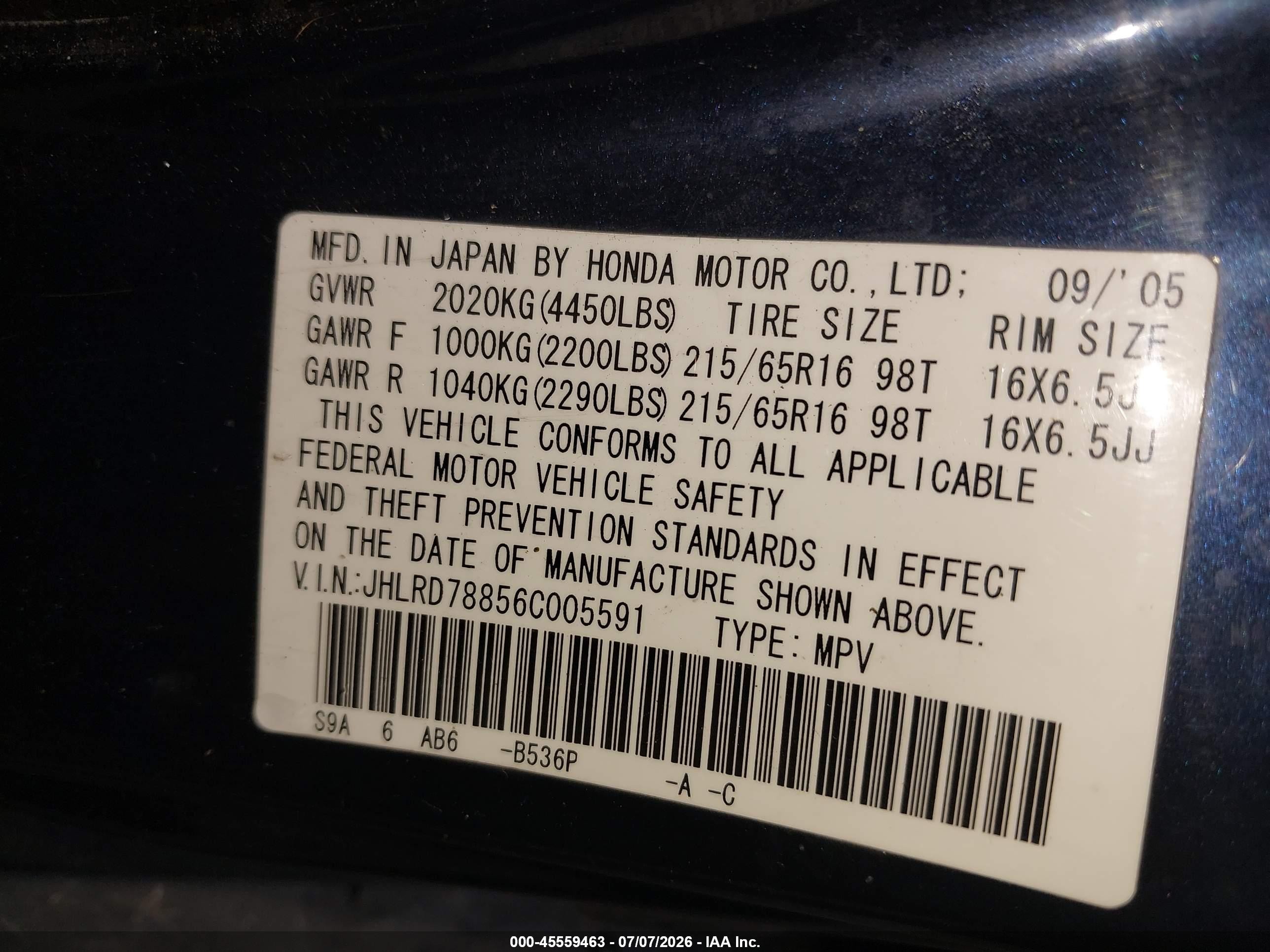 2006 Honda Cr-v Ex Blue vin: JHLRD78856C005591