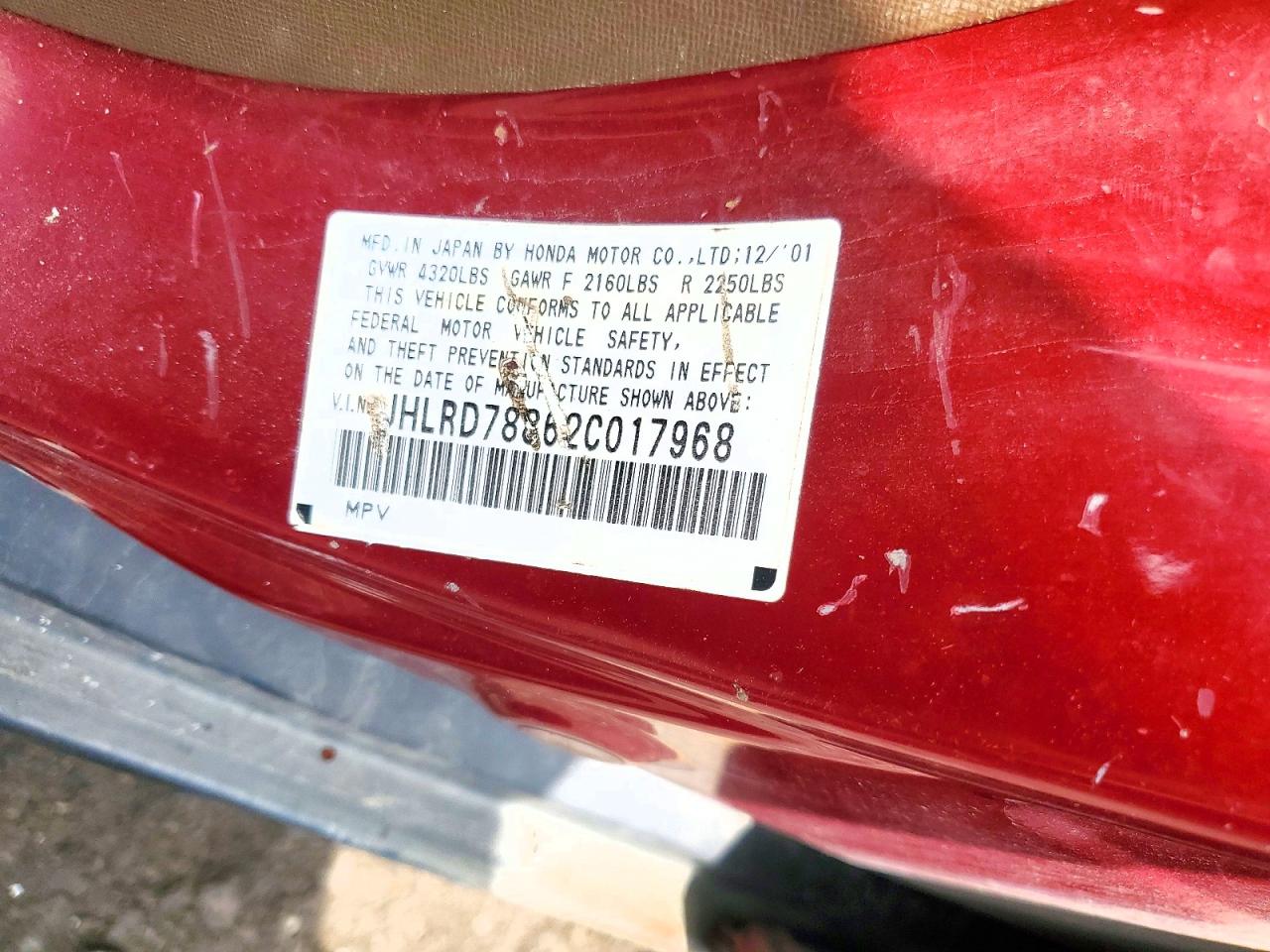 2002 Honda Cr-v Ex Red vin: JHLRD78862C017968