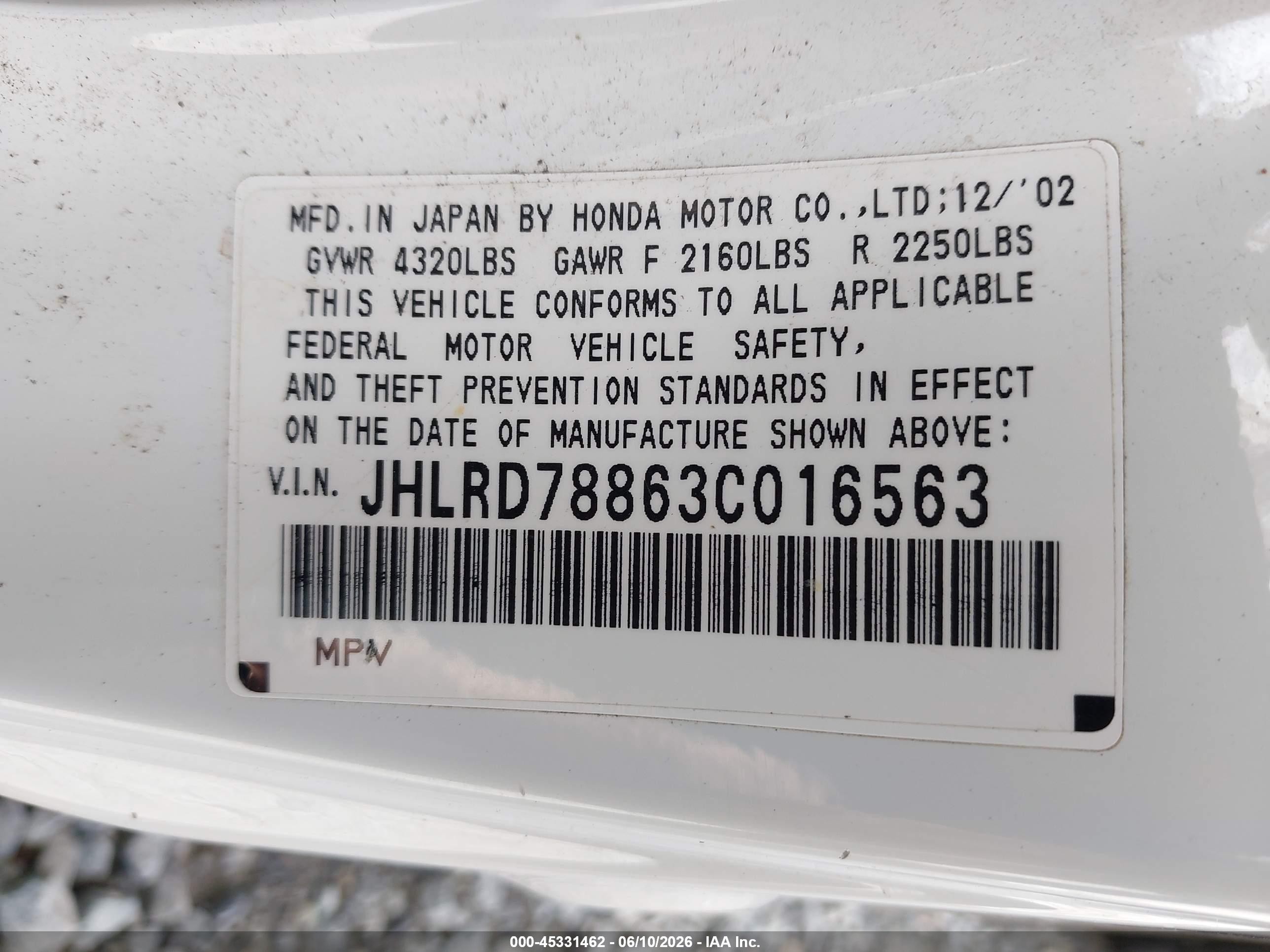 2003 Honda Cr-v Ex White vin: JHLRD78863C016563