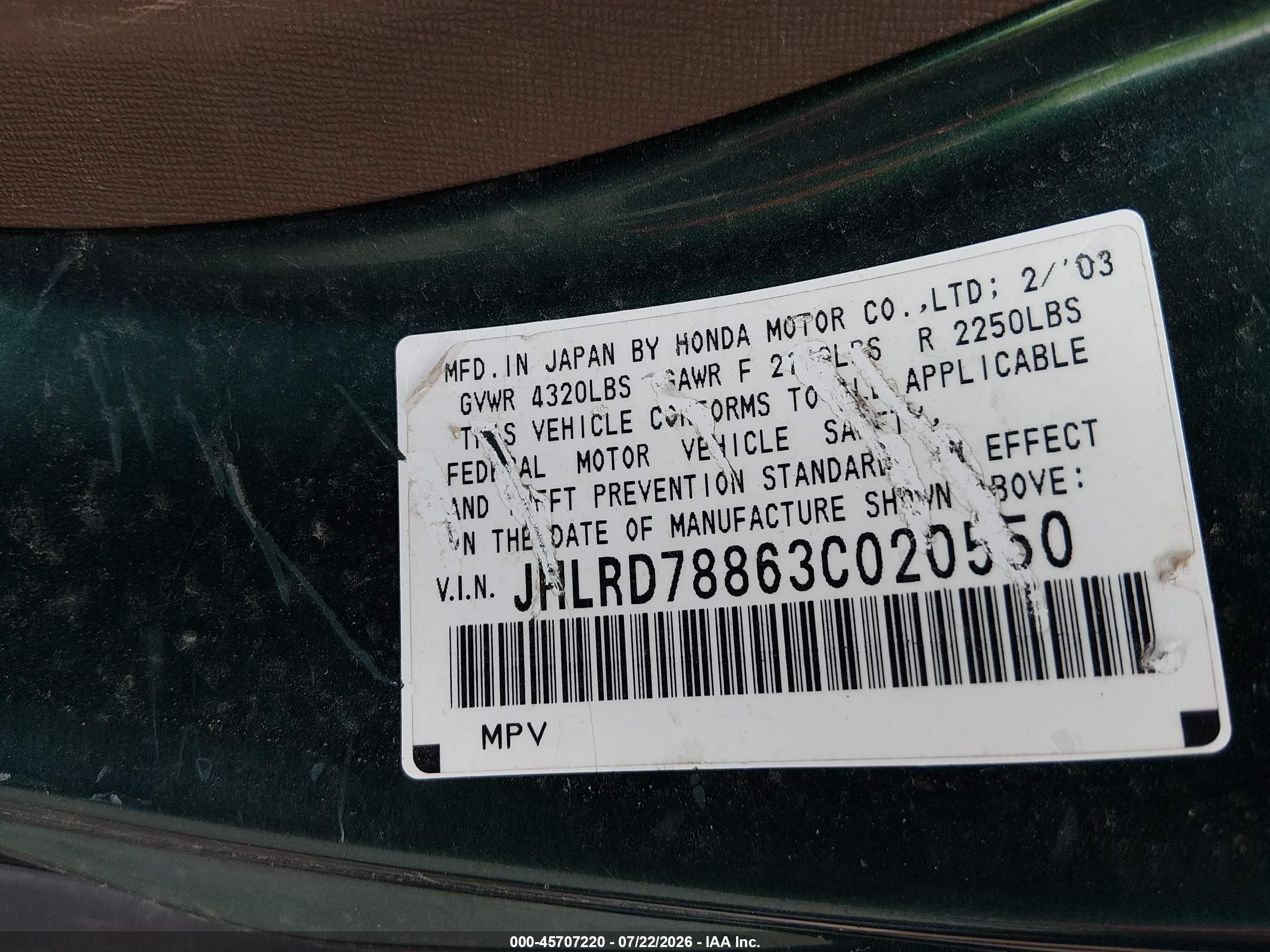 2003 Honda Cr-v Ex Green vin: JHLRD78863C020550