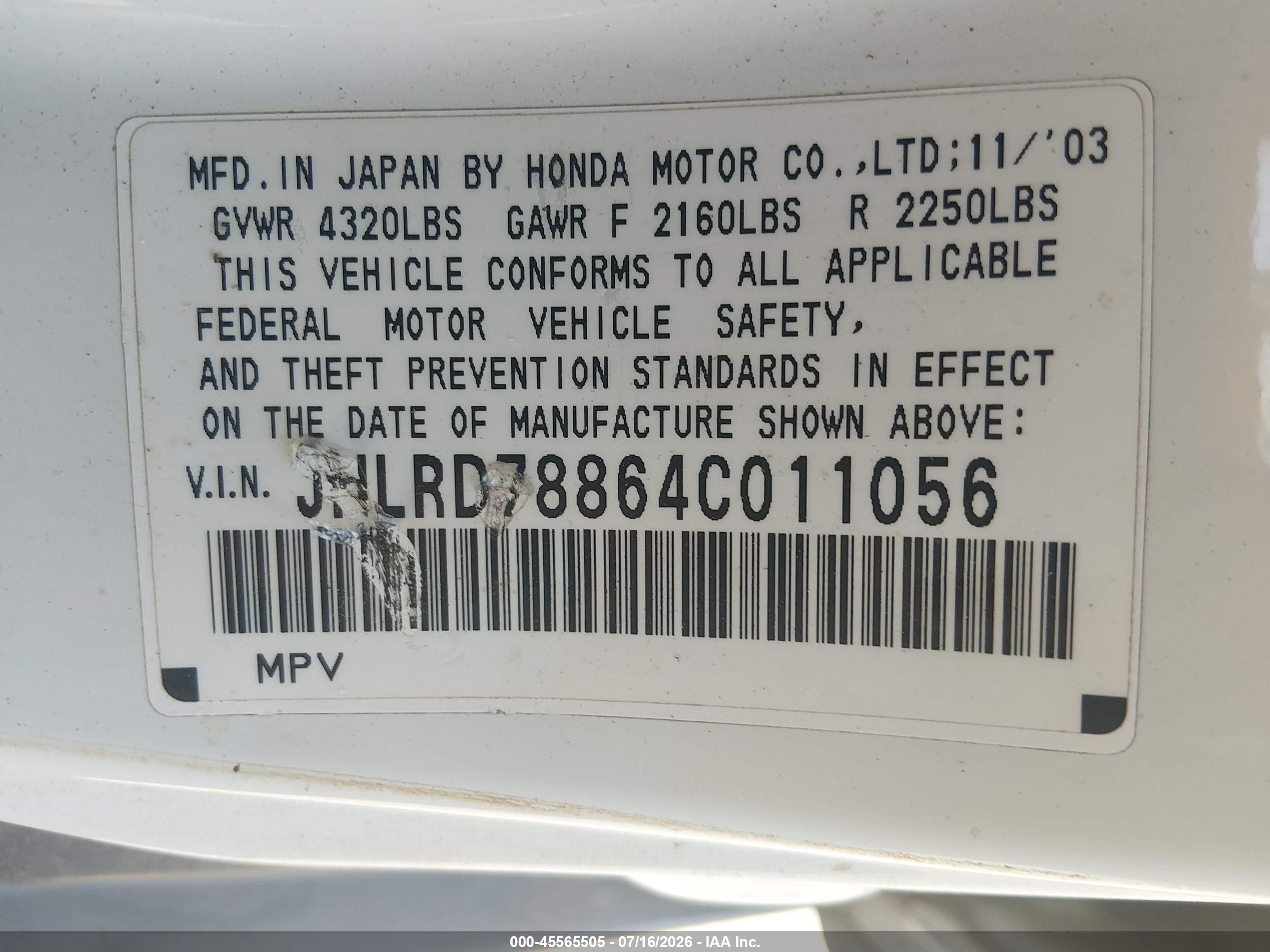 2004 Honda Cr-v Ex White vin: JHLRD78864C011056