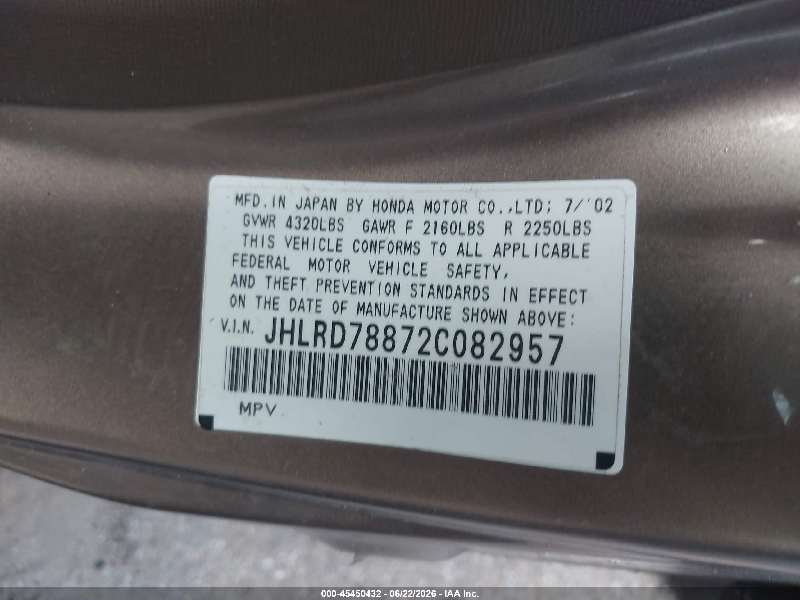 2002 Honda Cr-v Ex Gold vin: JHLRD78872C082957