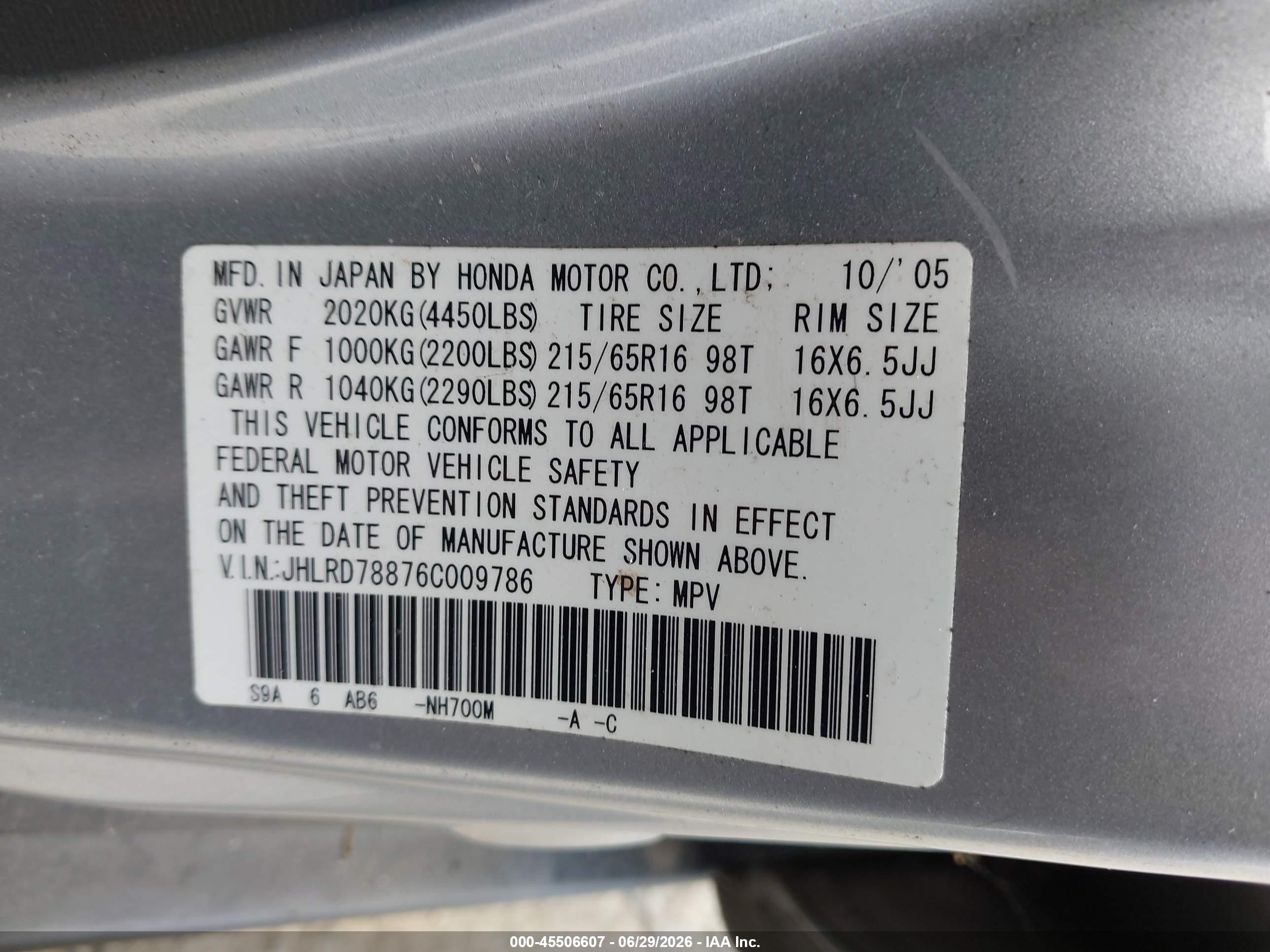 2006 Honda Cr-v Ex Silver vin: JHLRD78876C009786