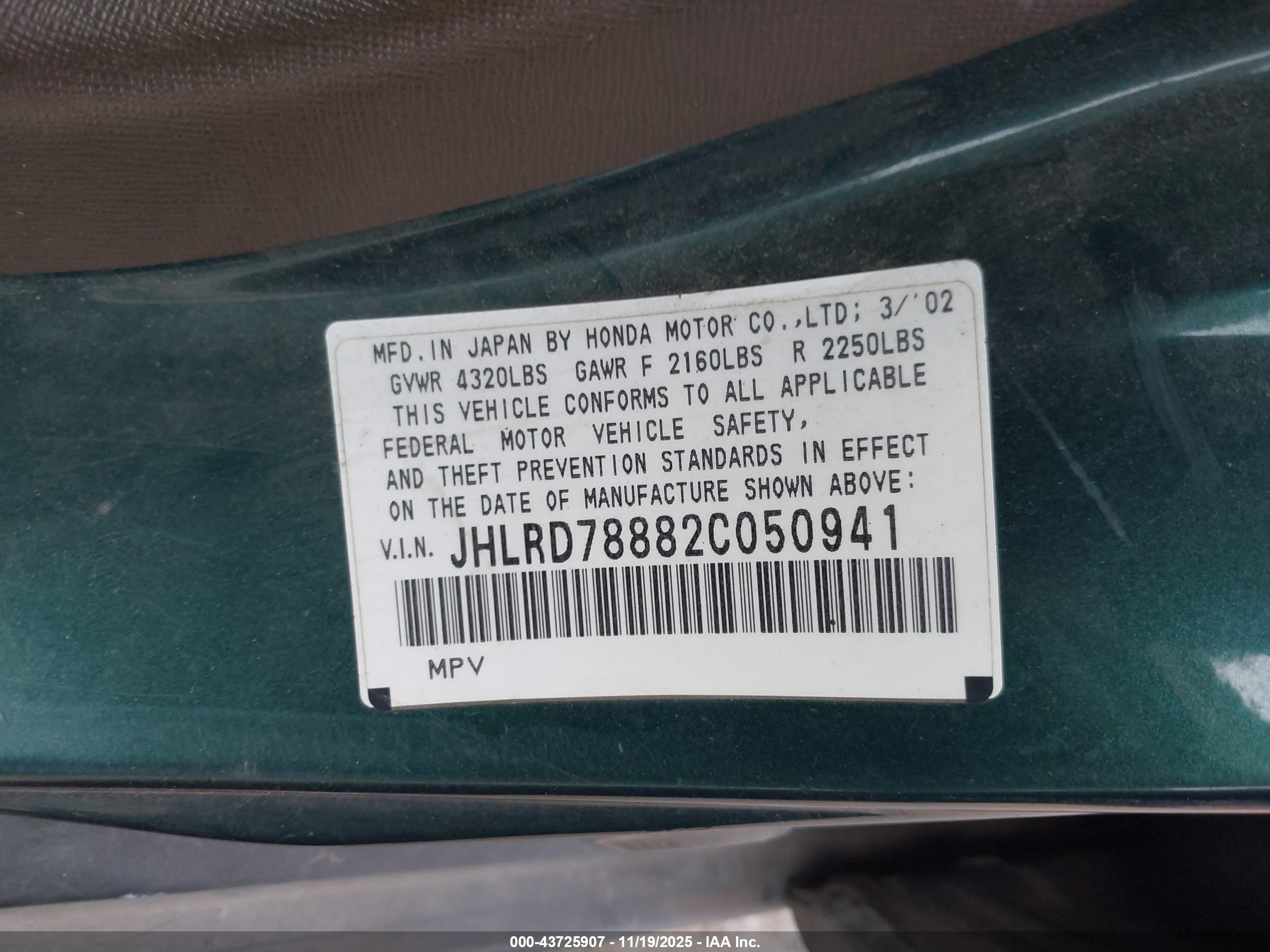 2002 Honda Cr-v Ex Зеленый vin: JHLRD78882C050941