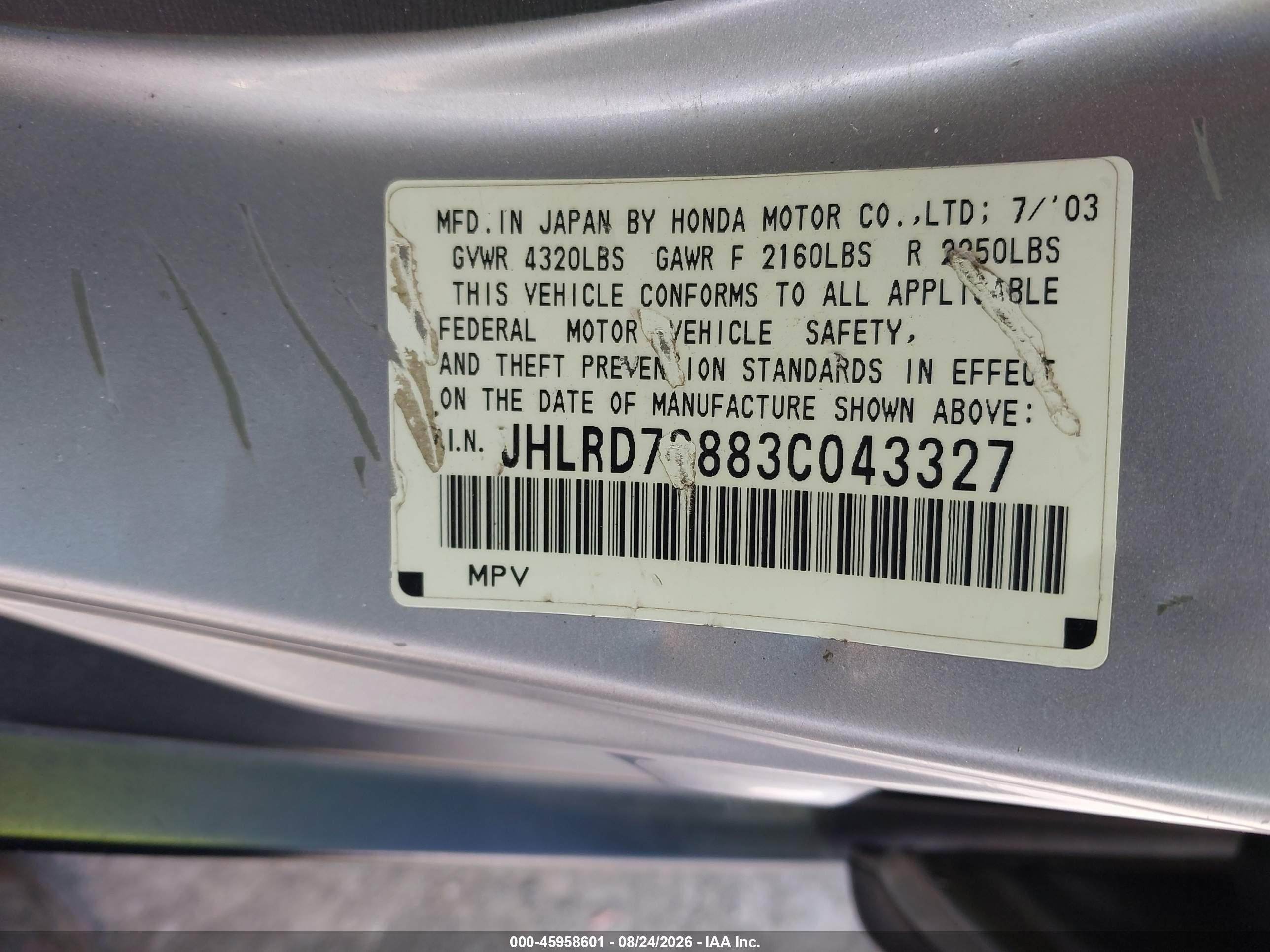 2003 Honda Cr-v Ex Серебряный vin: JHLRD78883C043327