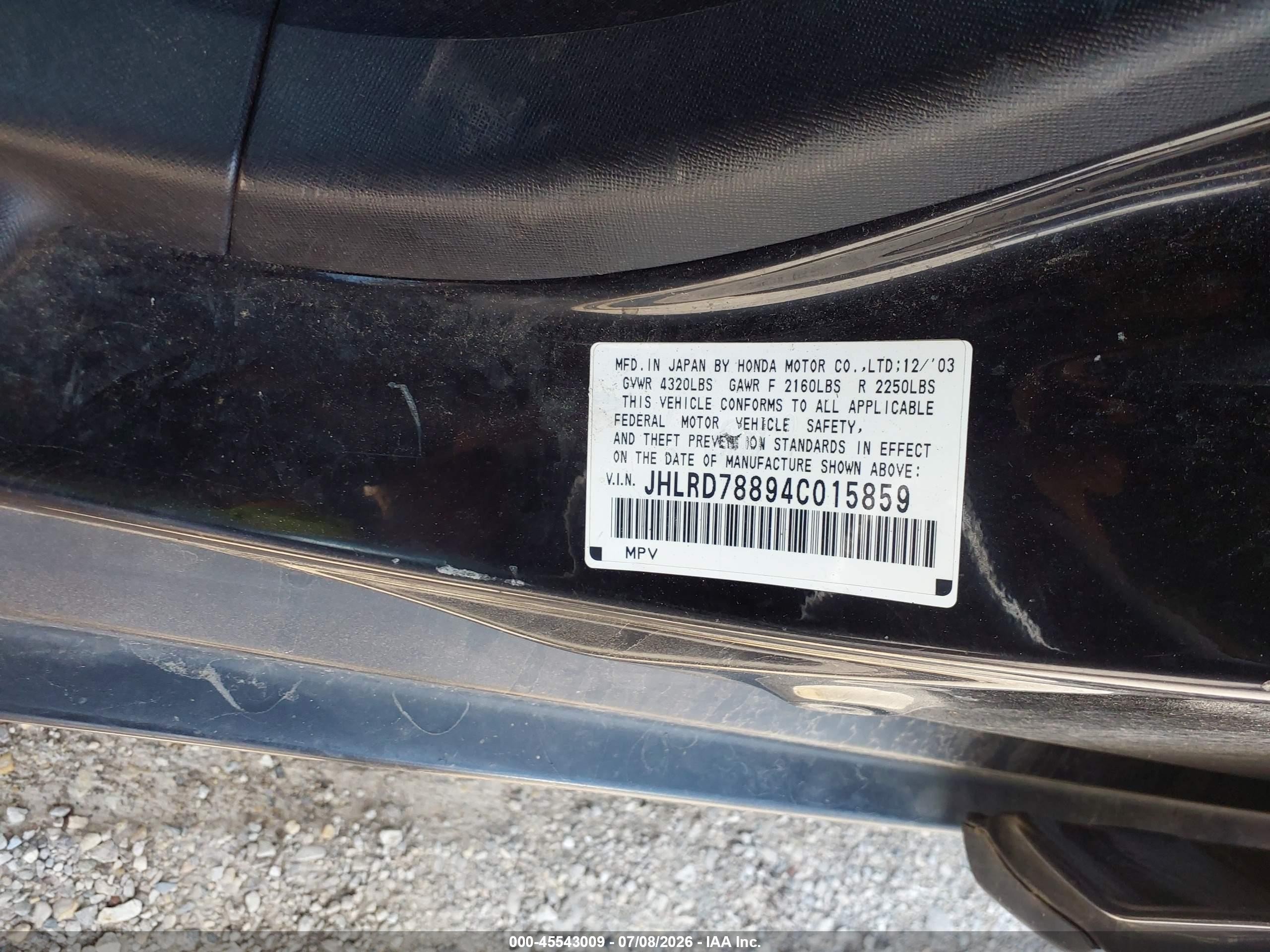 2004 Honda Cr-v Ex Black vin: JHLRD78894C015859