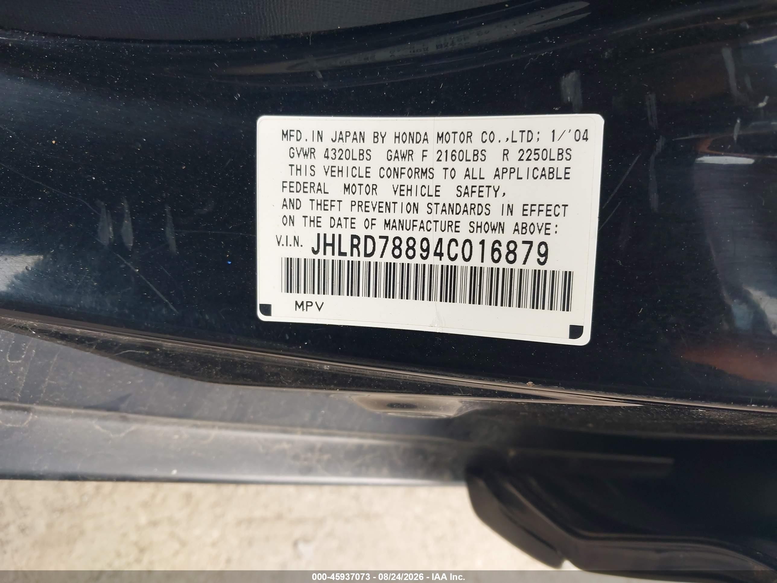 2004 Honda Cr-v Ex Black vin: JHLRD78894C016879