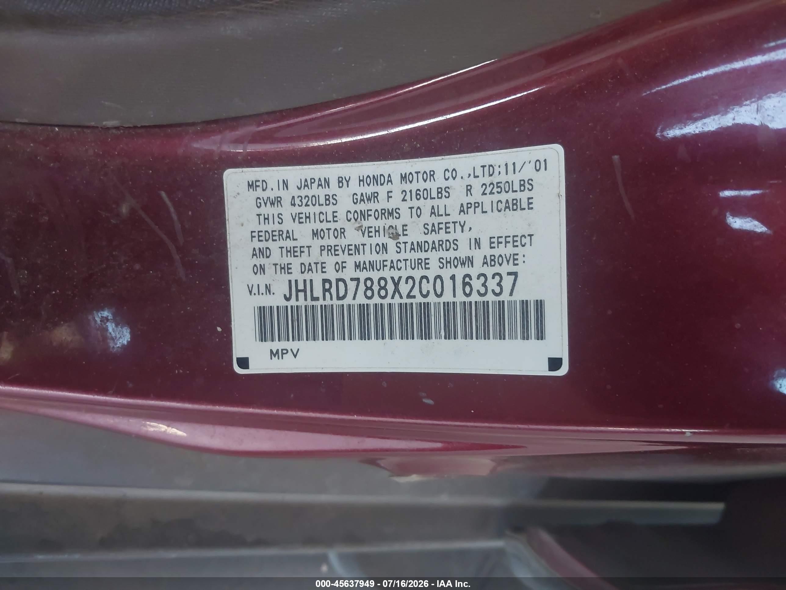 2002 Honda Cr-v Ex Burgundy vin: JHLRD788X2C016337