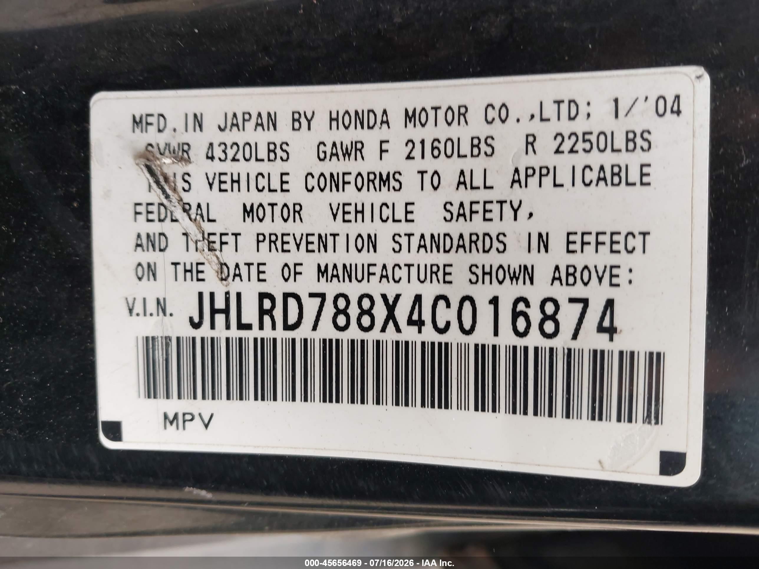 2004 Honda Cr-v Ex Black vin: JHLRD788X4C016874