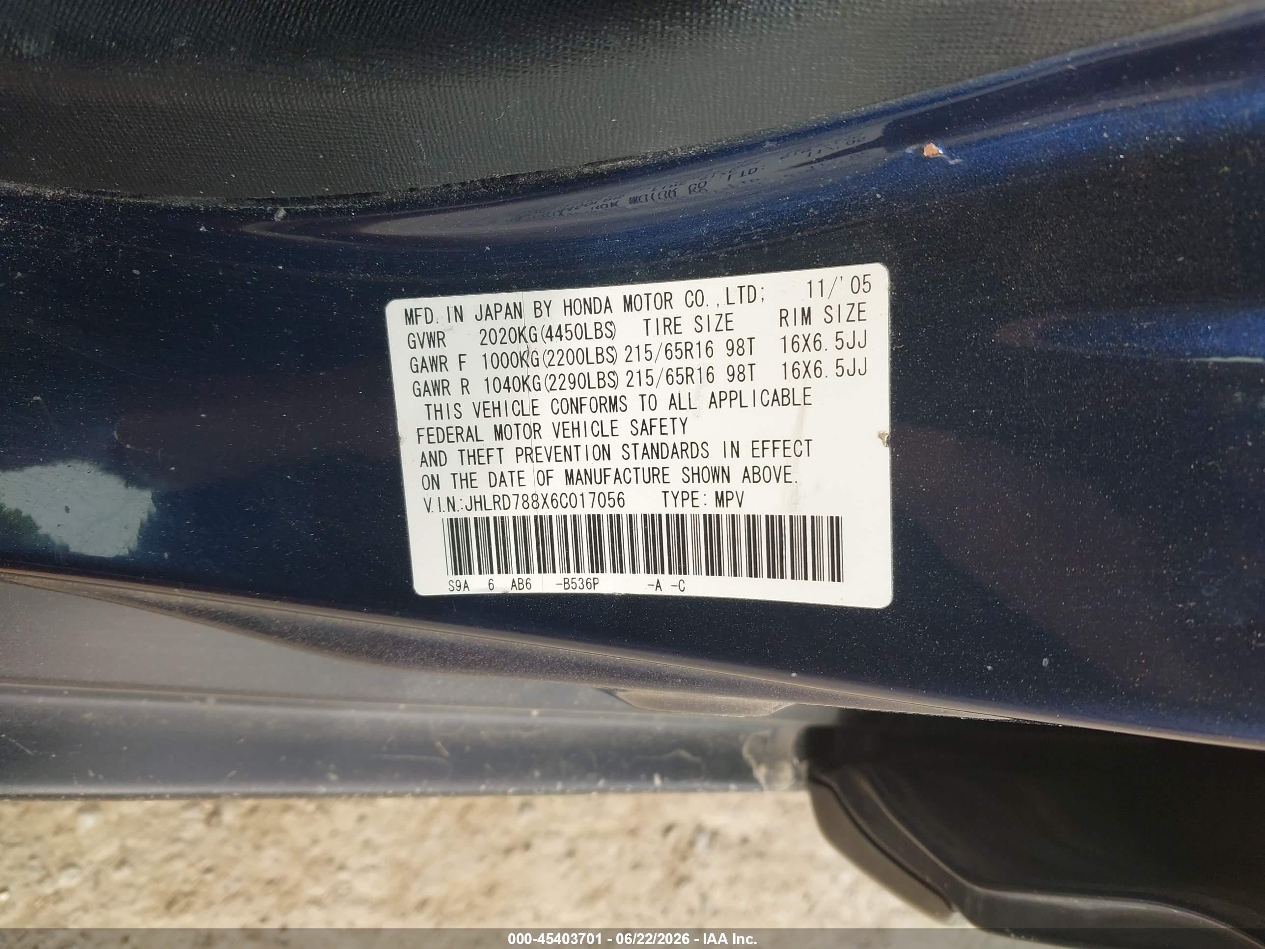 2006 Honda Cr-v Ex Dark Blue vin: JHLRD788X6C017056