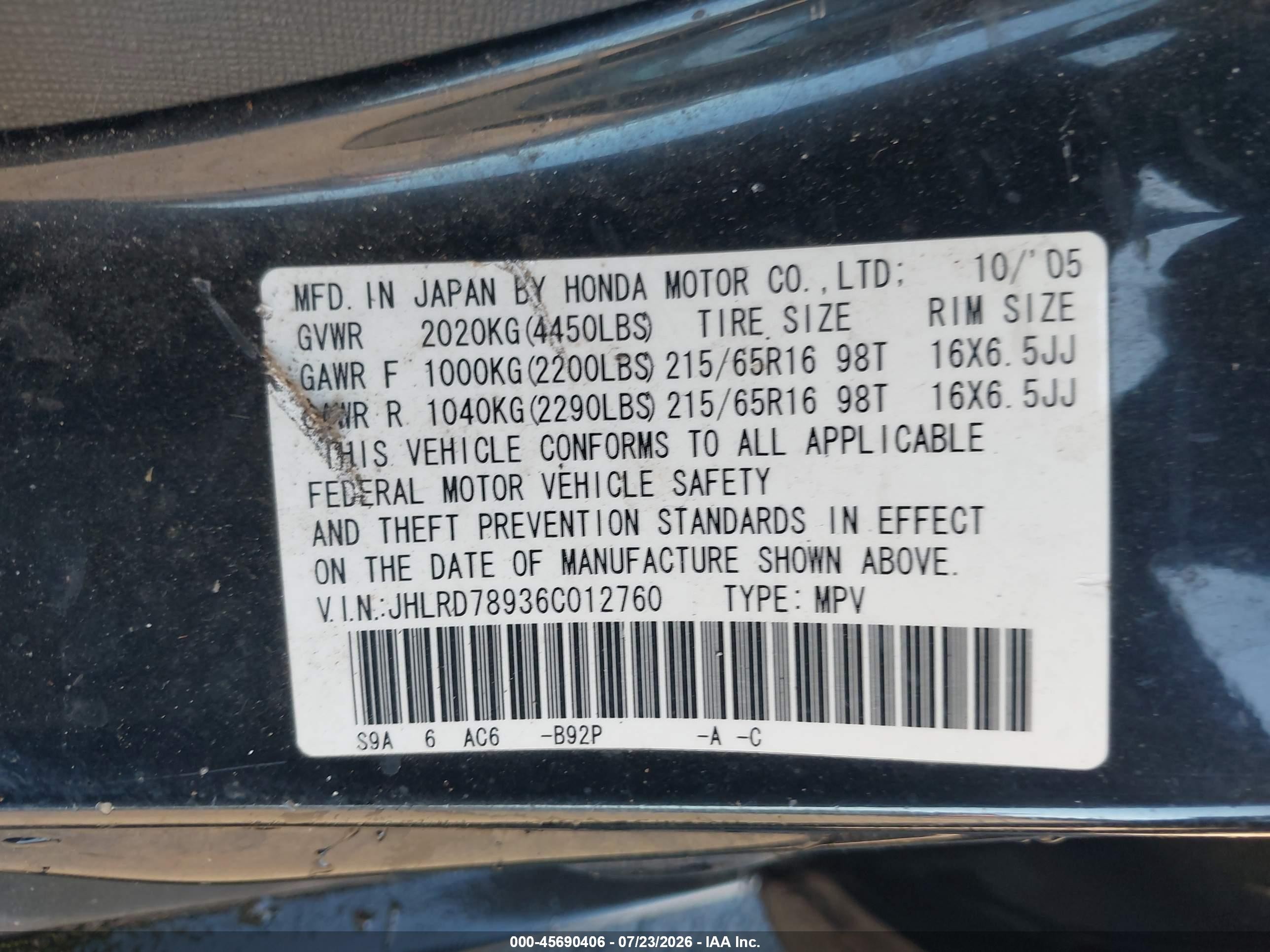 2006 Honda Cr-v Se Black vin: JHLRD78936C012760