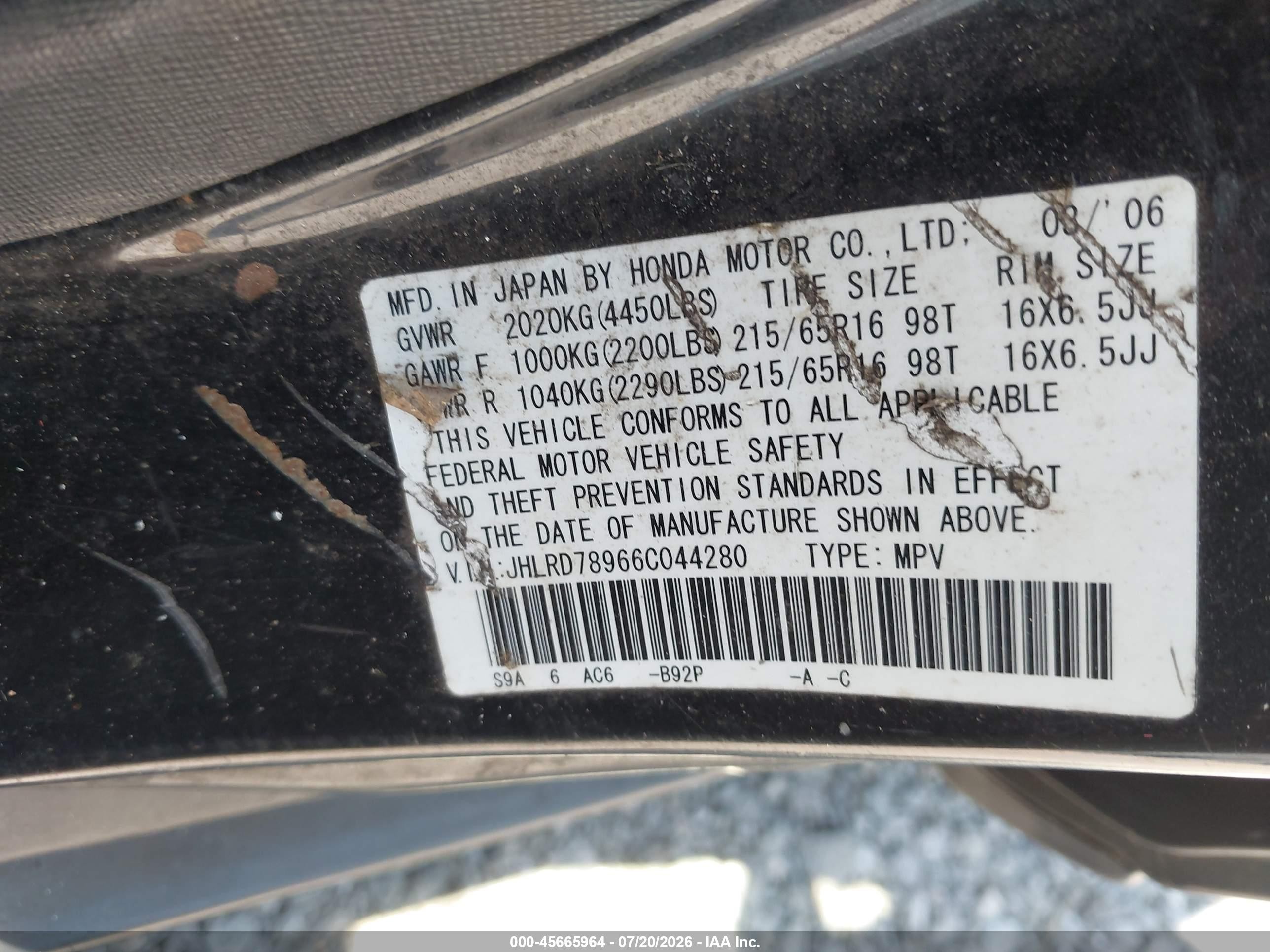 2006 Honda Cr-v Se Black vin: JHLRD78966C044280