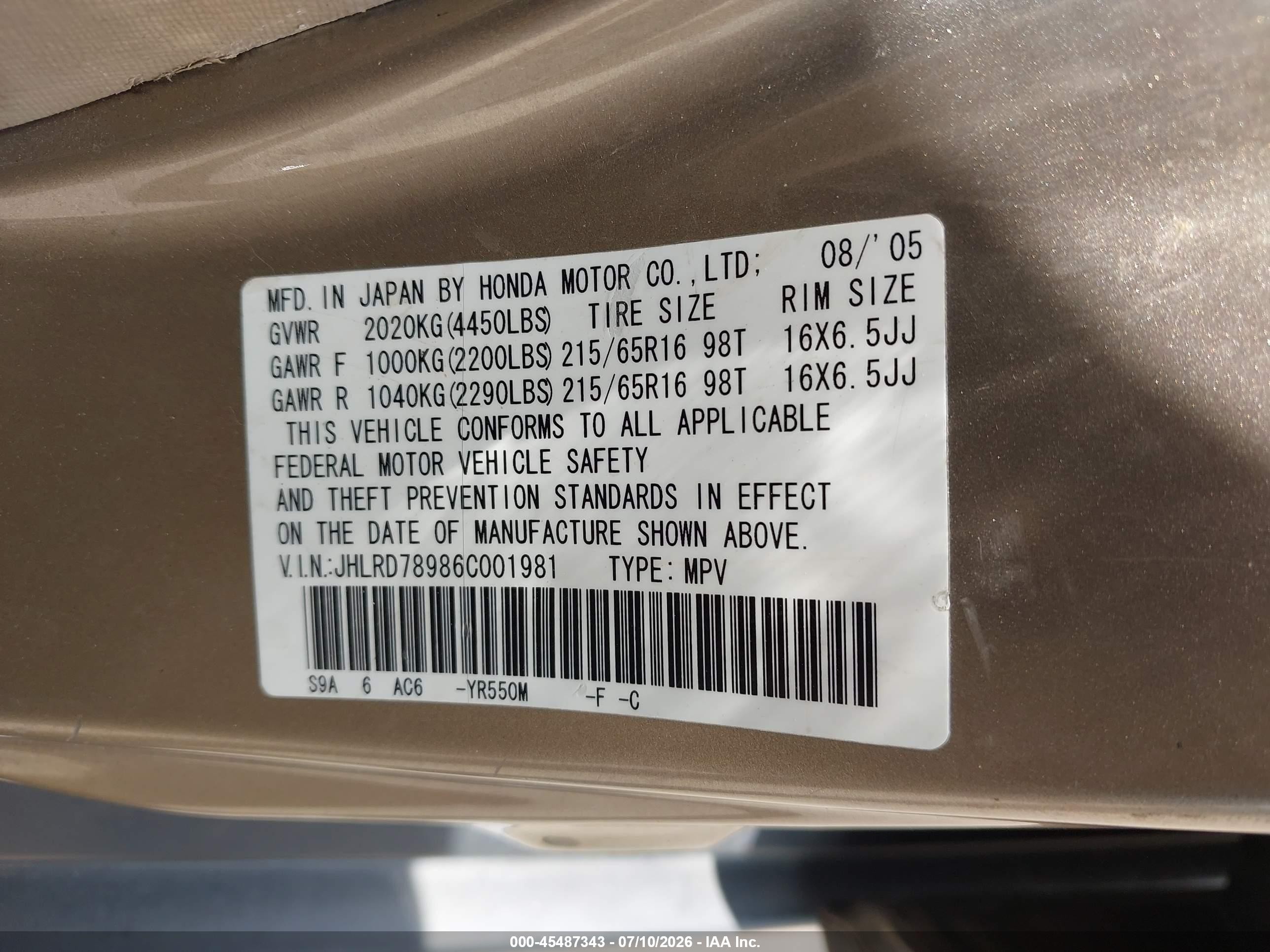 2006 Honda Cr-v Se Champagne vin: JHLRD78986C001981