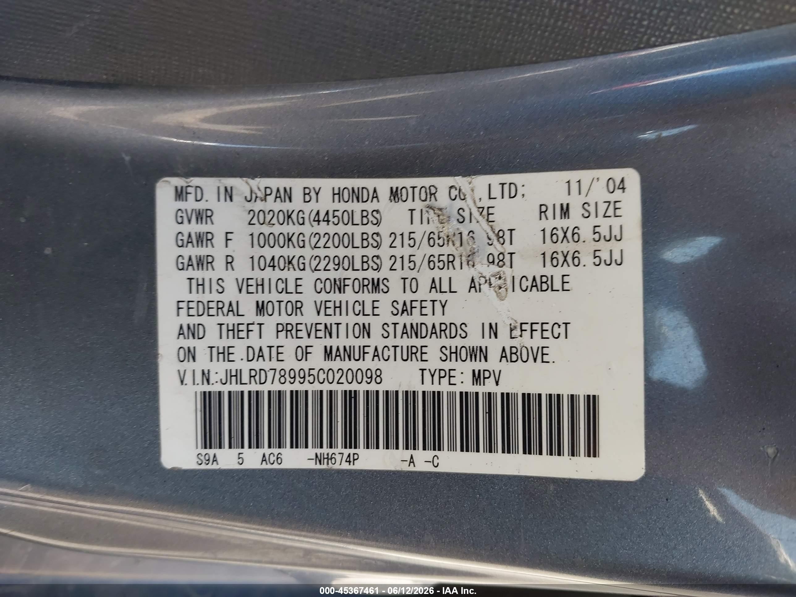 2005 Honda Cr-v Se Gray vin: JHLRD78995C020098