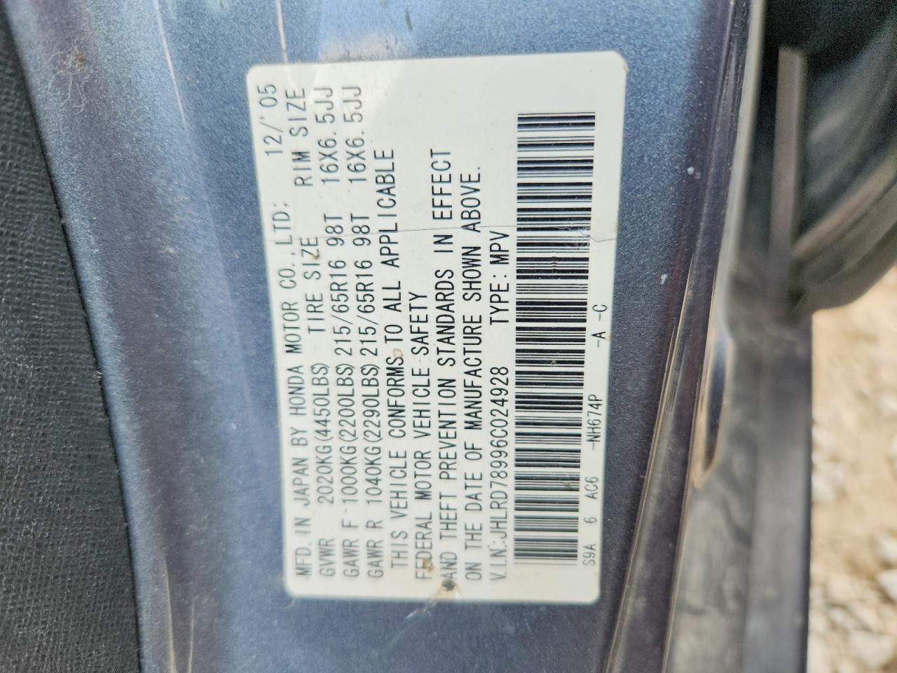 2006 Honda Cr-v Se Gray vin: JHLRD78996C024928