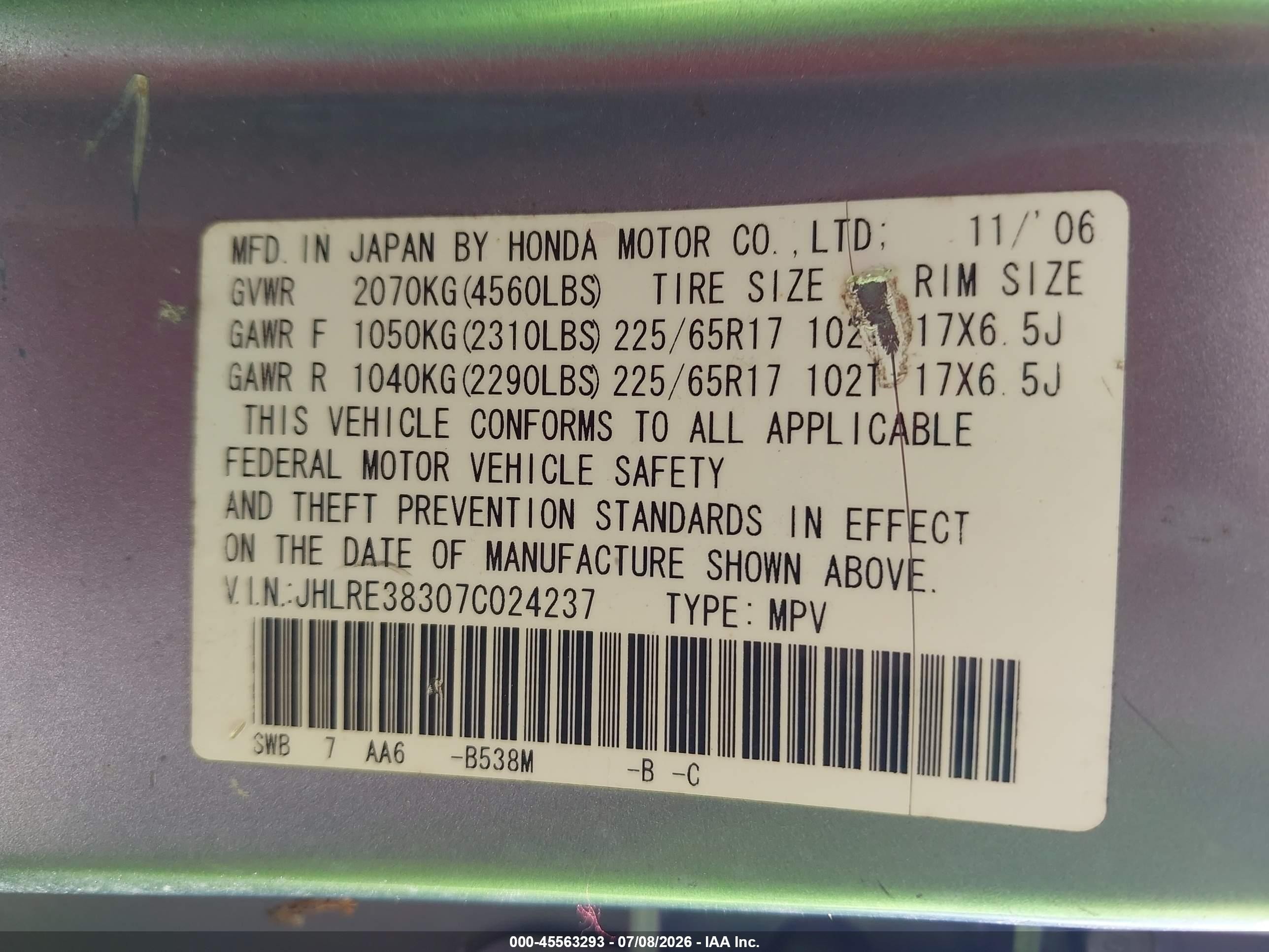 2007 Honda Cr-v Lx Blue vin: JHLRE38307C024237