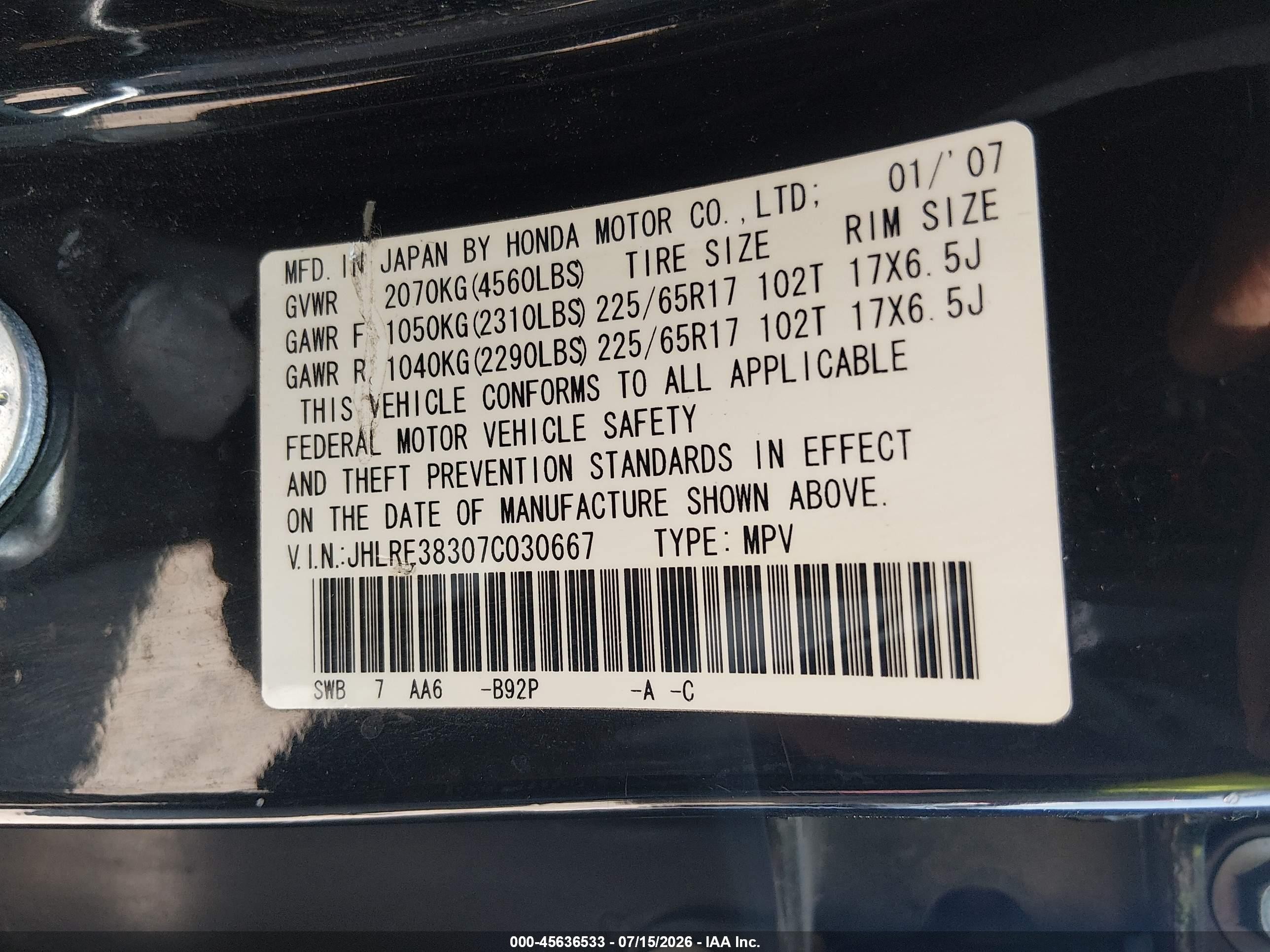 2007 Honda Cr-v Lx Black vin: JHLRE38307C030667