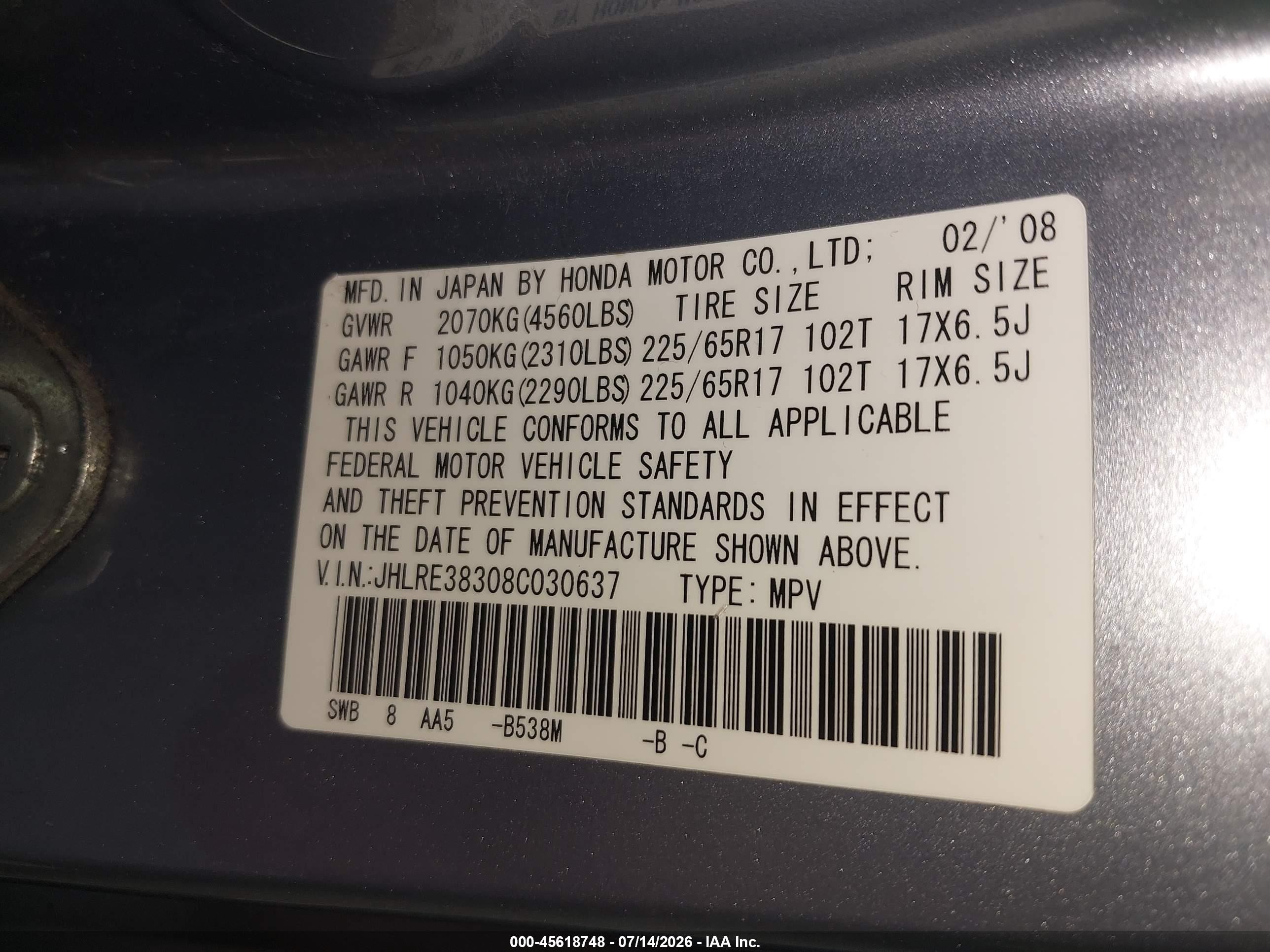 2008 Honda Cr-v Lx Blue vin: JHLRE38308C030637