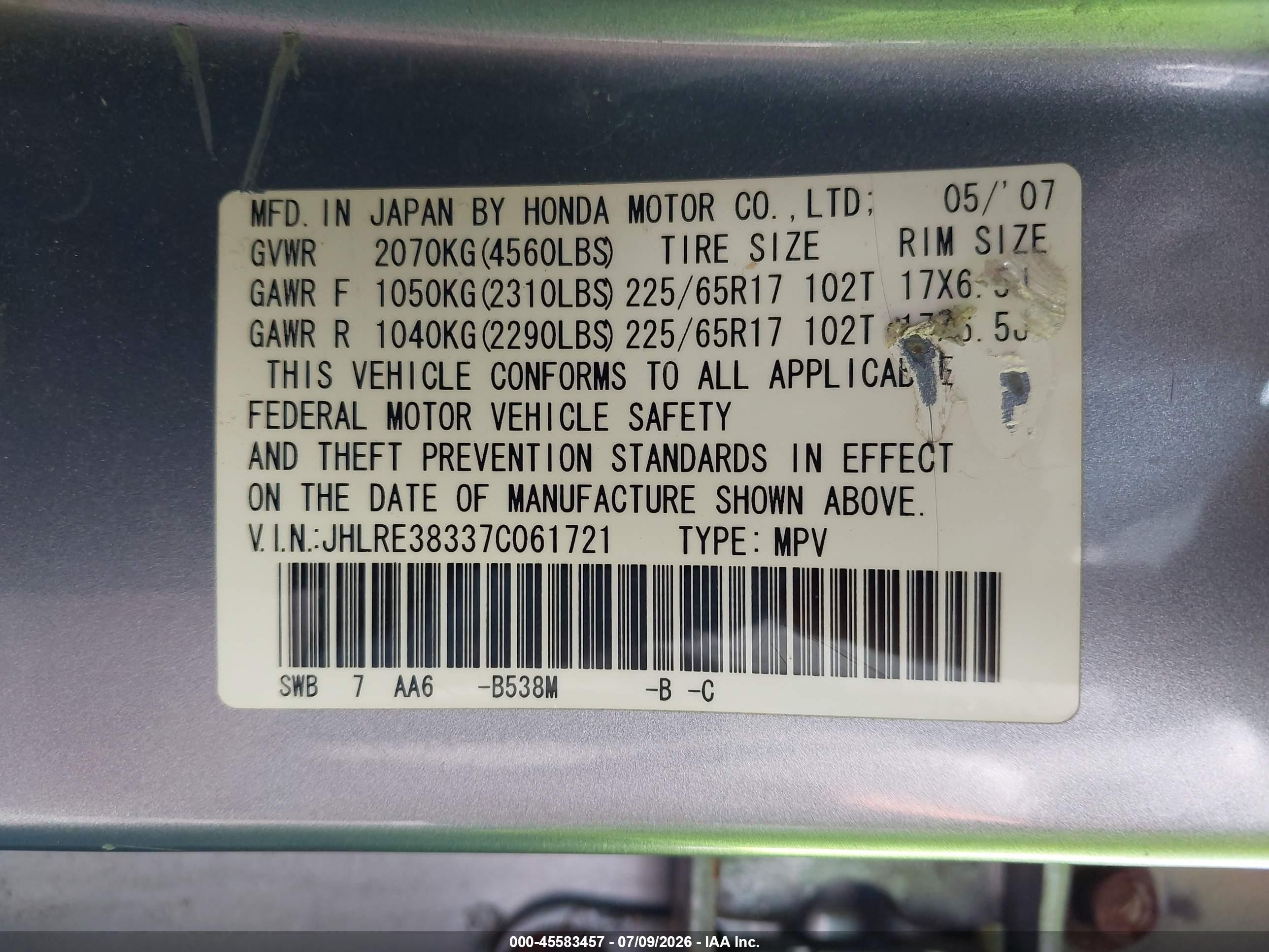2007 Honda Cr-v Lx Blue vin: JHLRE38337C061721