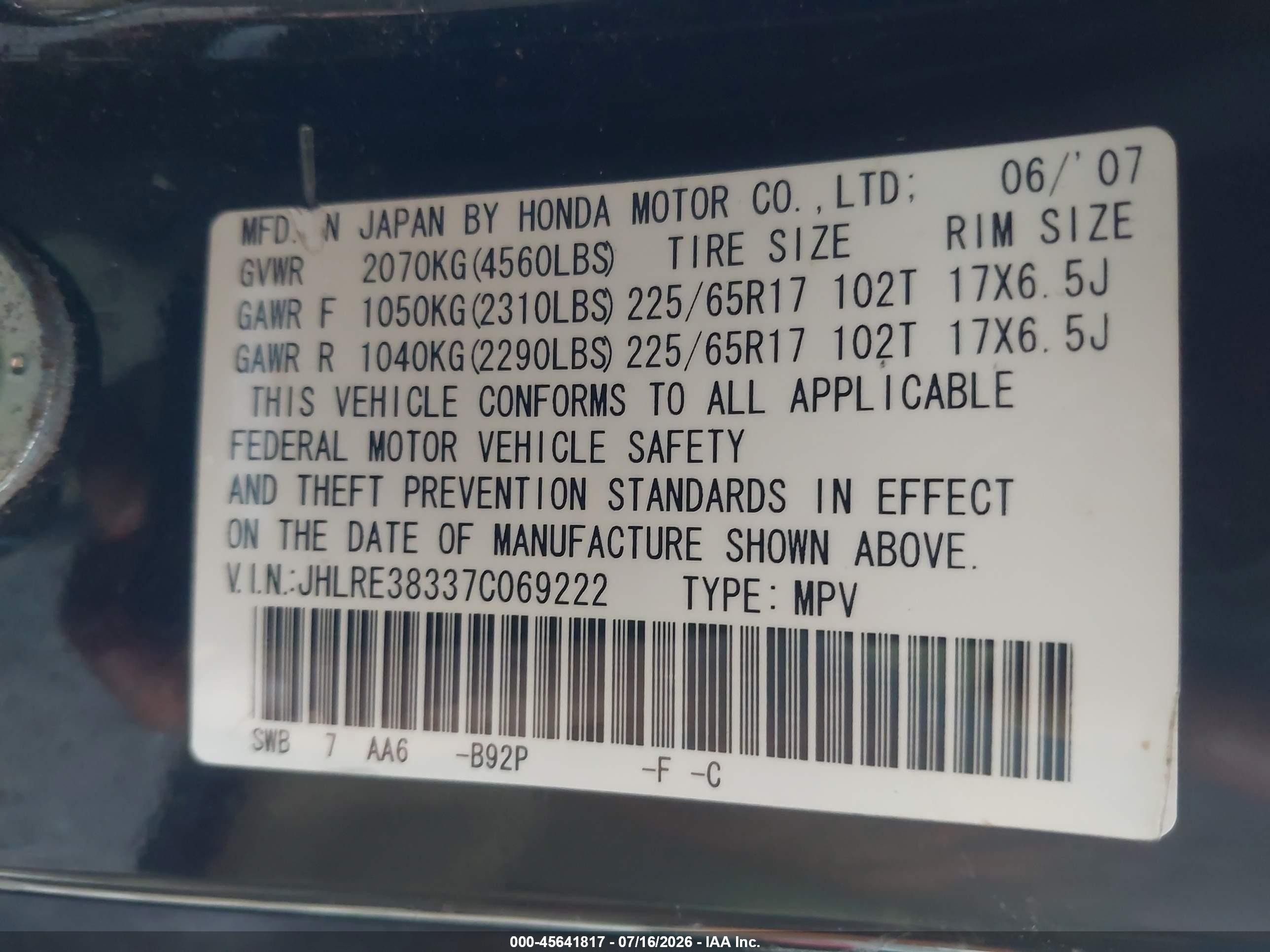 2007 Honda Cr-v Lx Black vin: JHLRE38337C069222