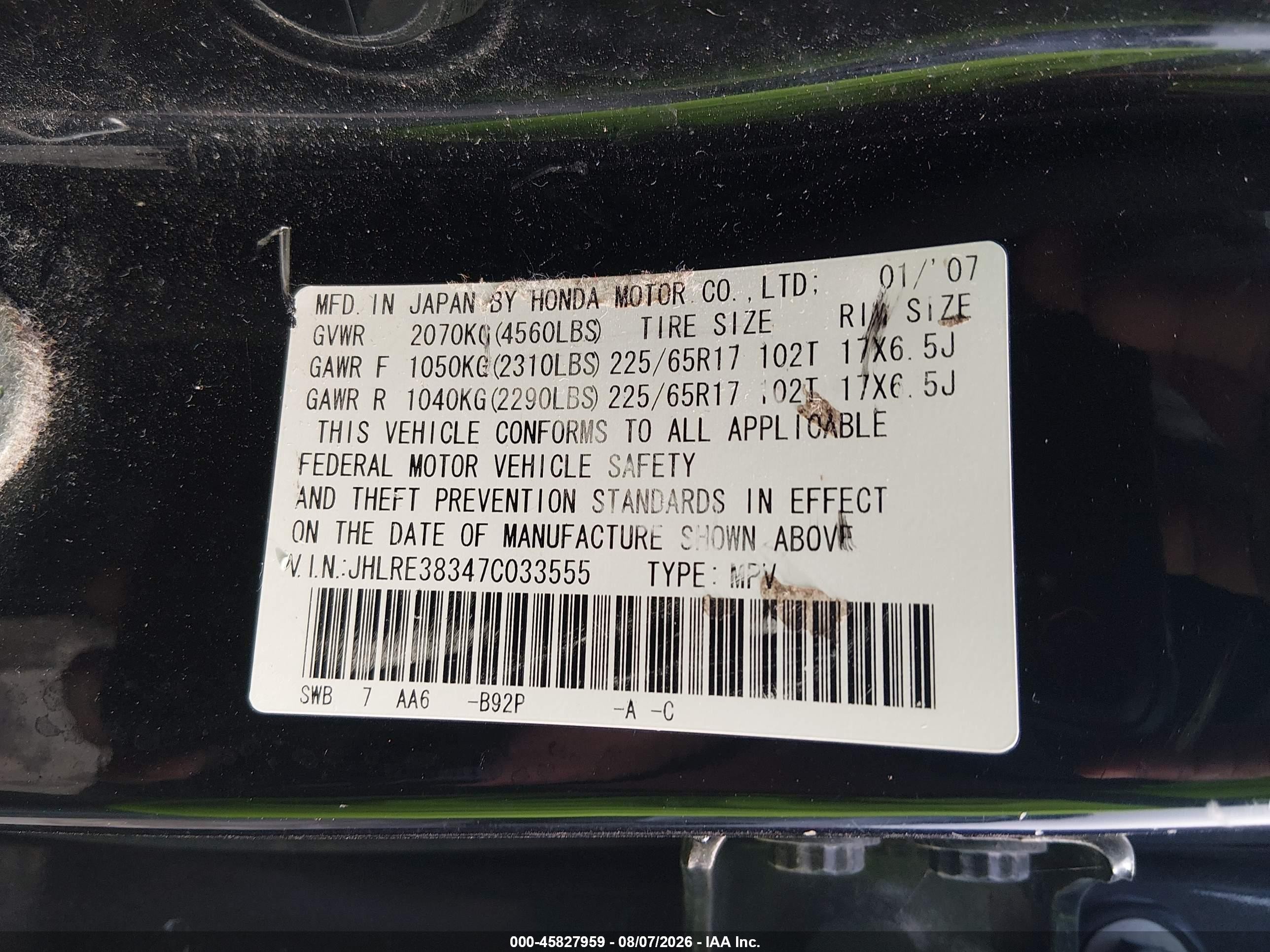 2007 Honda Cr-v Lx Black vin: JHLRE38347C033555