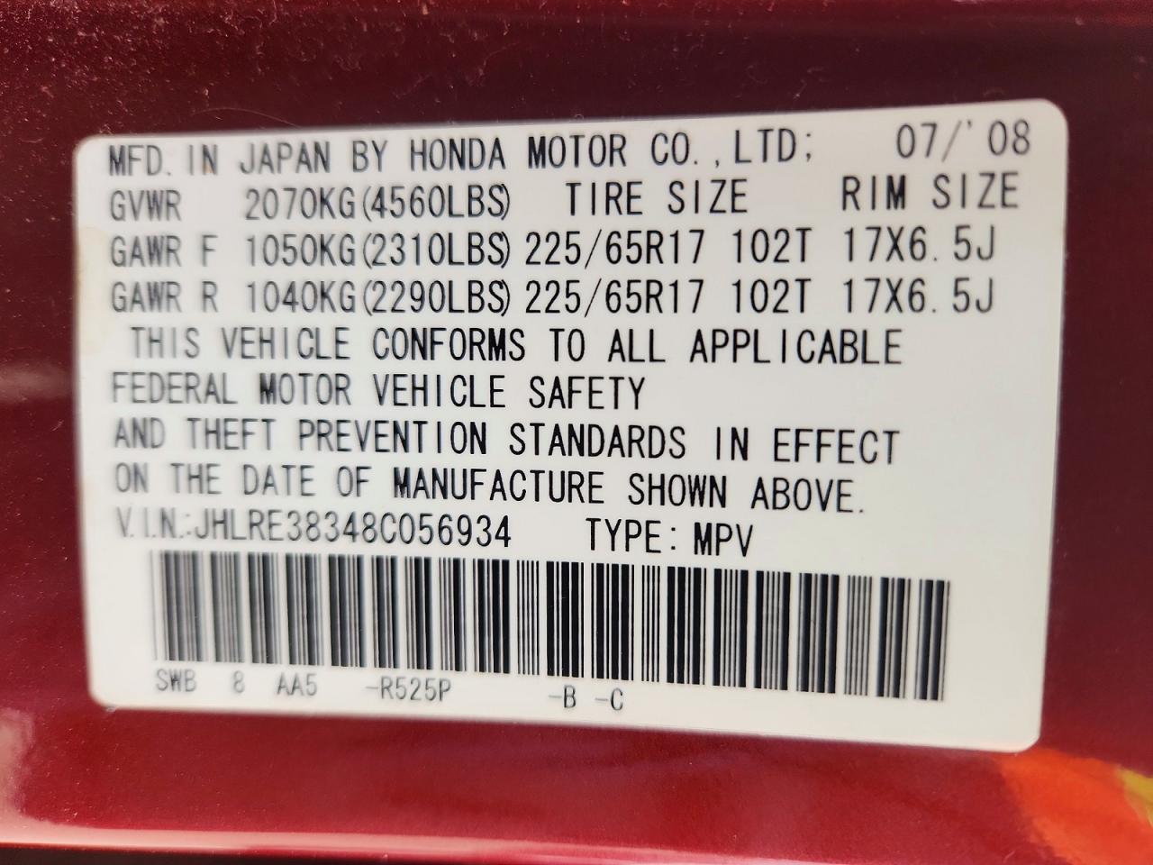 2008 Honda Cr-v Lx Red vin: JHLRE38348C056934