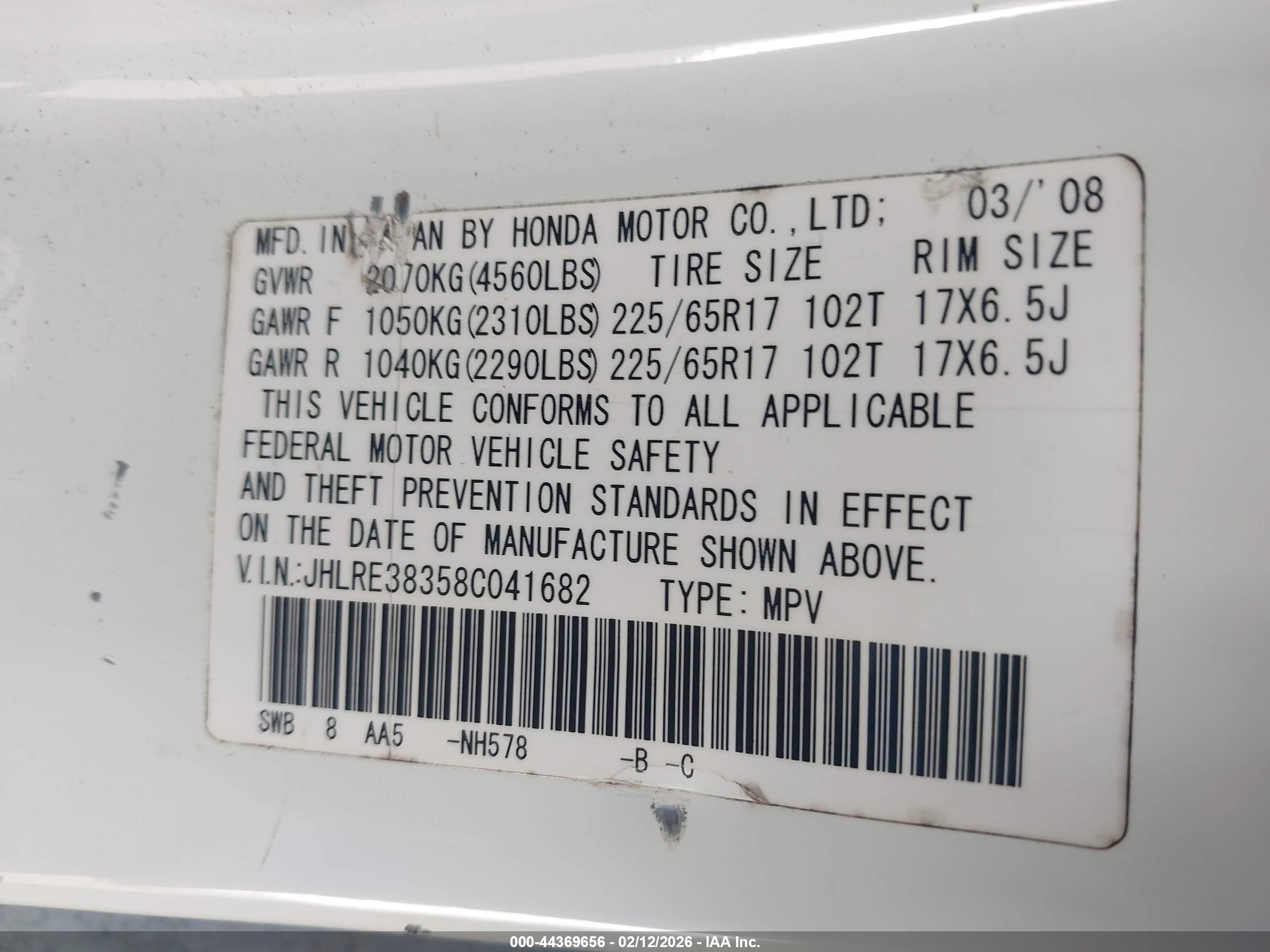 2008 Honda Cr-v Lx White vin: JHLRE38358C041682