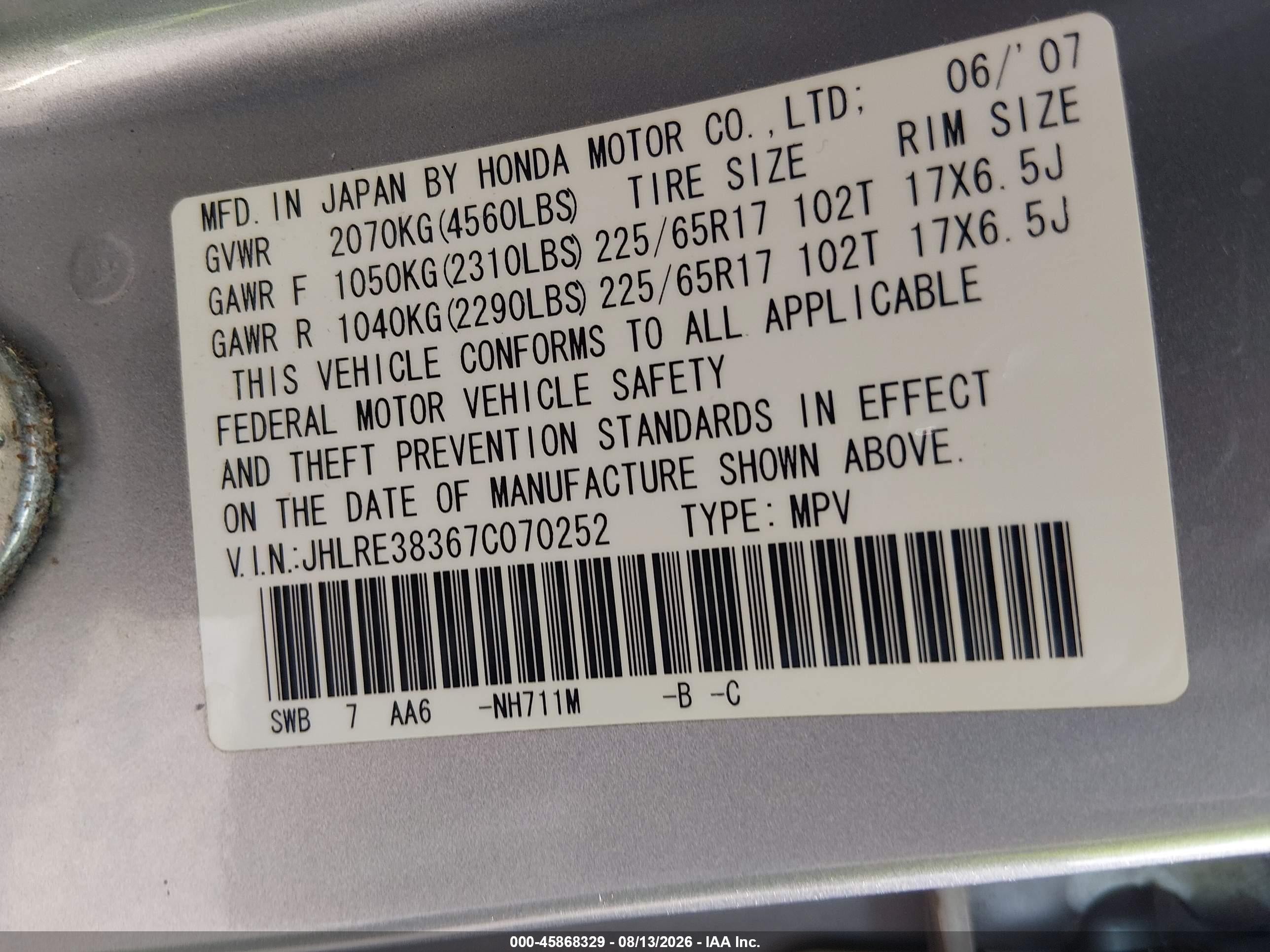 2007 Honda Cr-v Lx Silver vin: JHLRE38367C070252