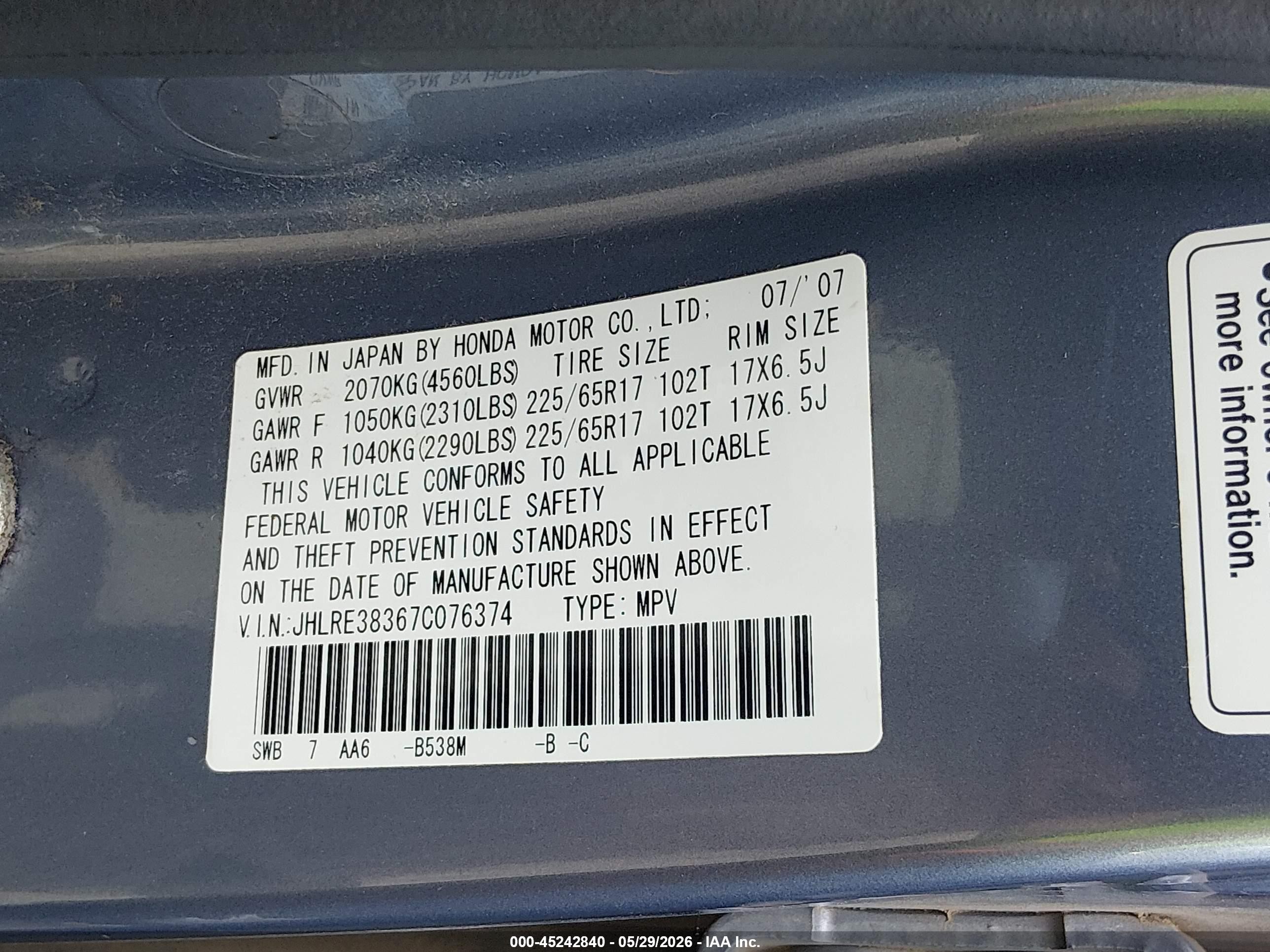 2007 Honda Cr-v Lx Light Blue vin: JHLRE38367C076374
