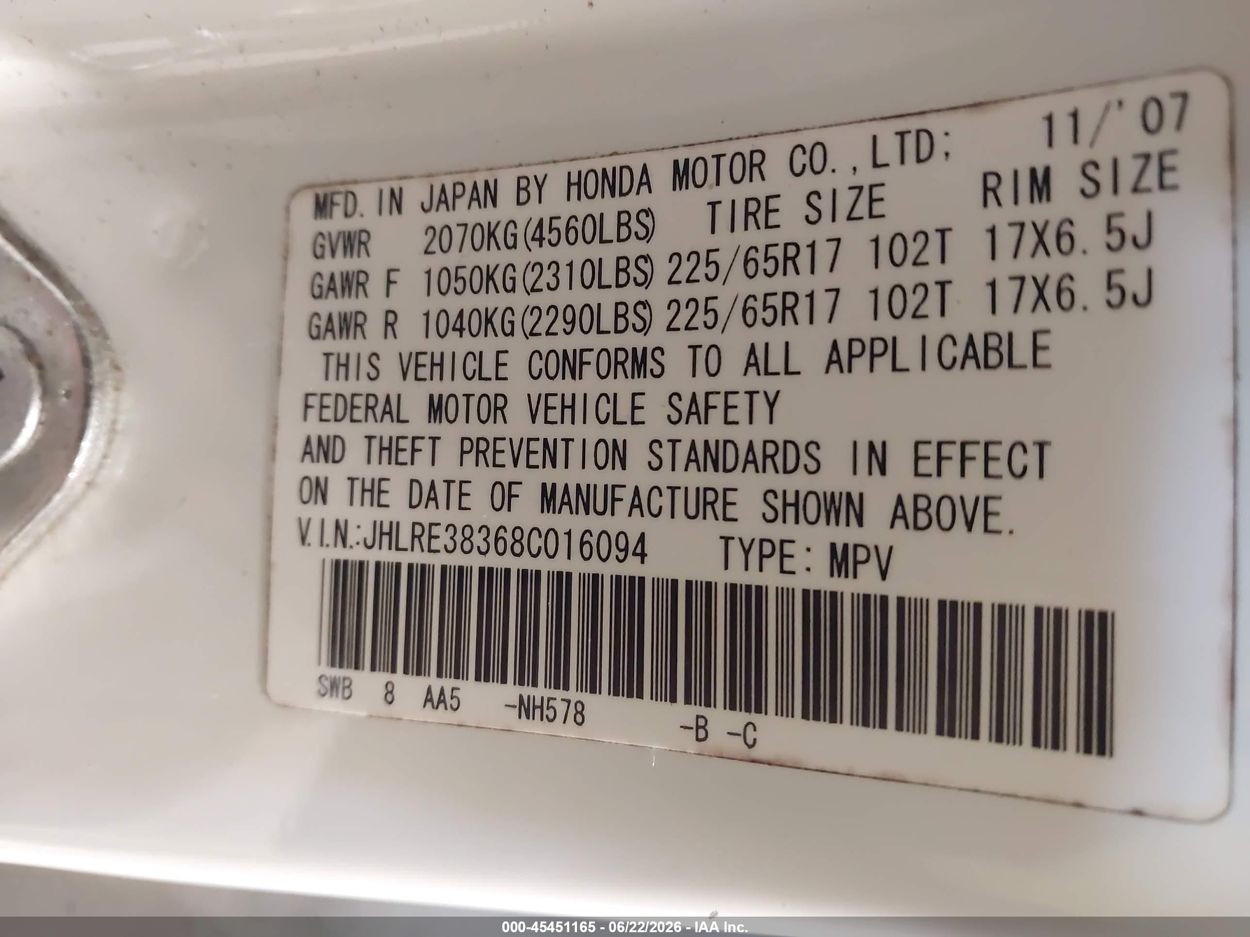 2008 Honda Cr-v Lx White vin: JHLRE38368C016094