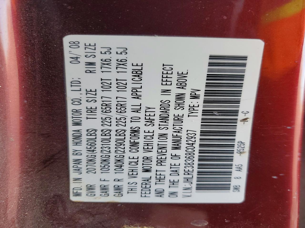 2008 Honda Cr-v Lx Maroon vin: JHLRE38368C042937